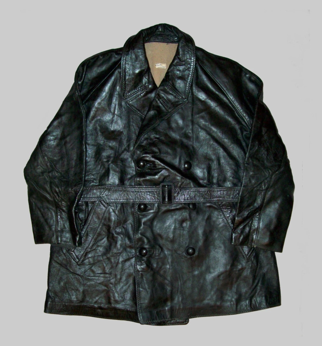 Antique Vtg 1940s Mens Italian Leather Jacket Dbl Breasted Belted Workwear Biker