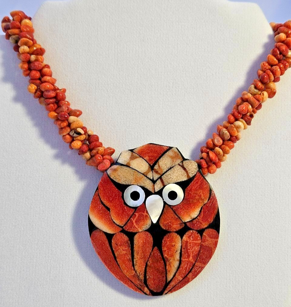Vintage Lee Sands Apple Coral & Mosaic Inlay Owl Statement Necklace