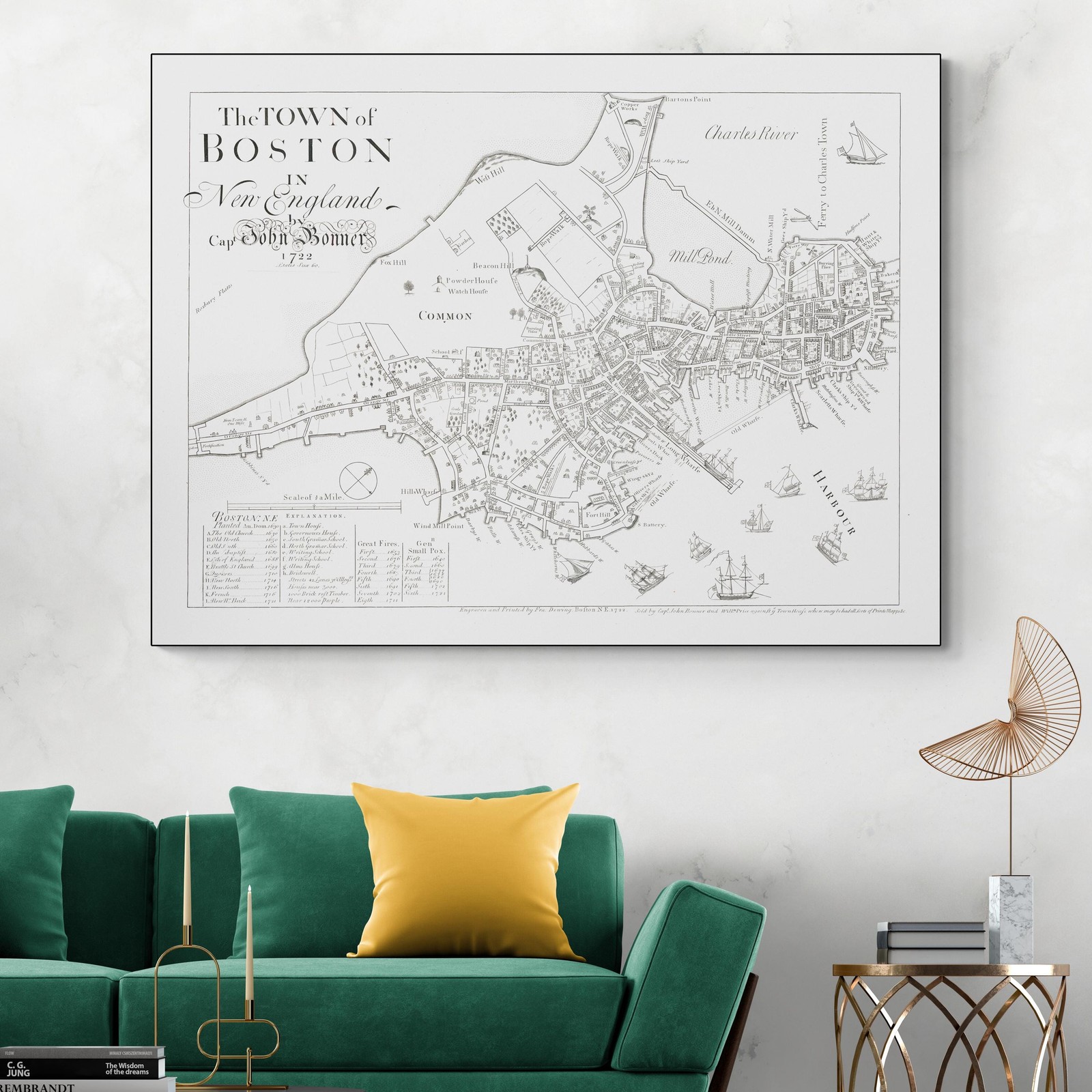 1722 Map of Boston by John Bonner – Colonial City Plan with Streets & Harbor