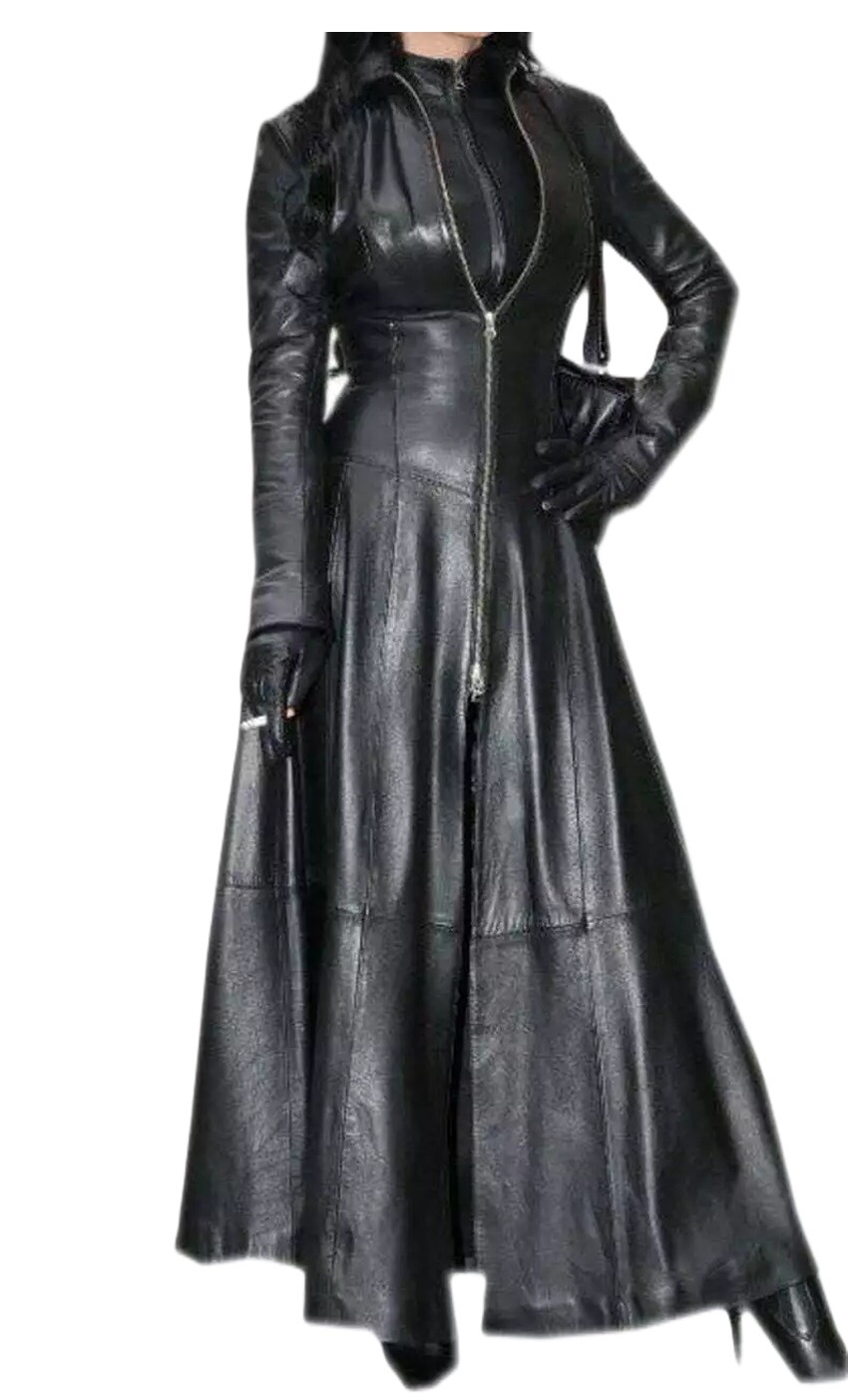 Women\'s Genuine Leather Long Dress Black Gown Mistress Leather Suit Gothic Coat
