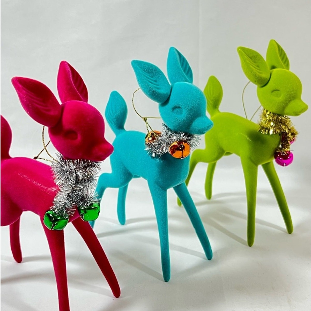 Lot of 3 Flocked Vintage Inspired Deer Reindeer w/ Bells & Tinsel Ornaments