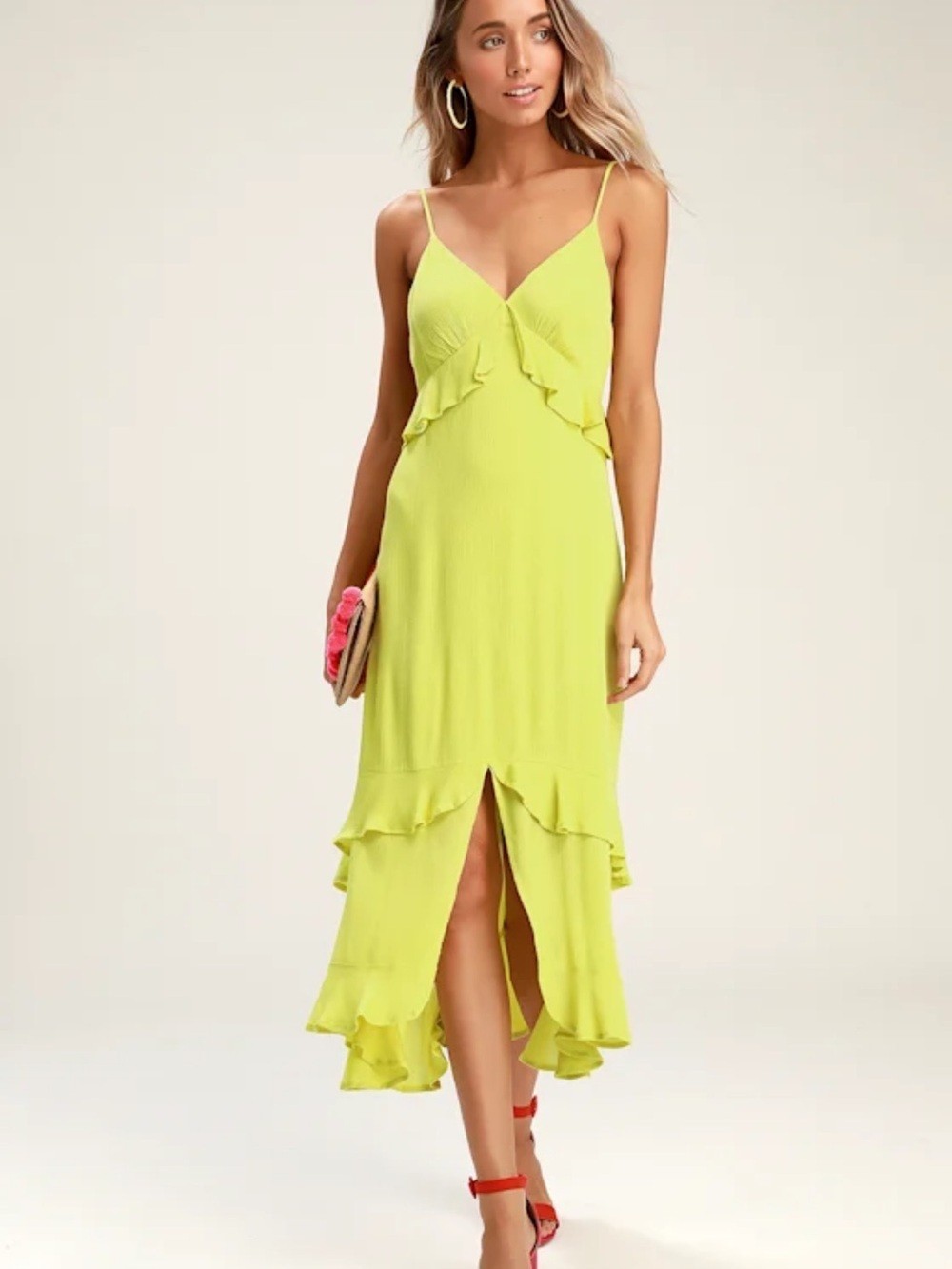 *NEW* Lulu\'s Island Time Lime Green Ruffled Midi Dress *NEW* Lulu\'s Island Time Lime Green Ruffled Midi Dress