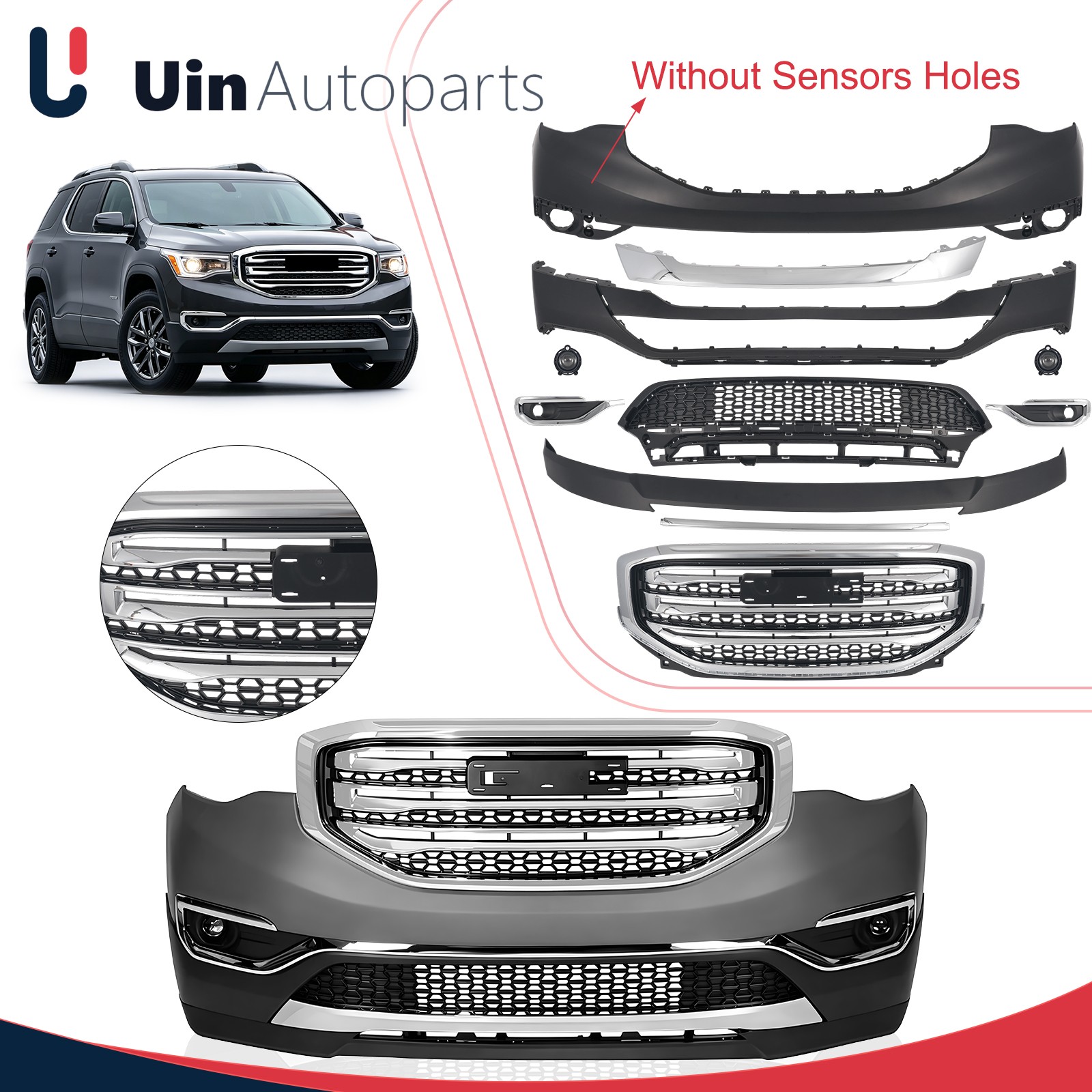 For 2017-19 GMC Acadia SLE SLT Front Bumper Cover W/ Fog Lights  No Sensor Holes