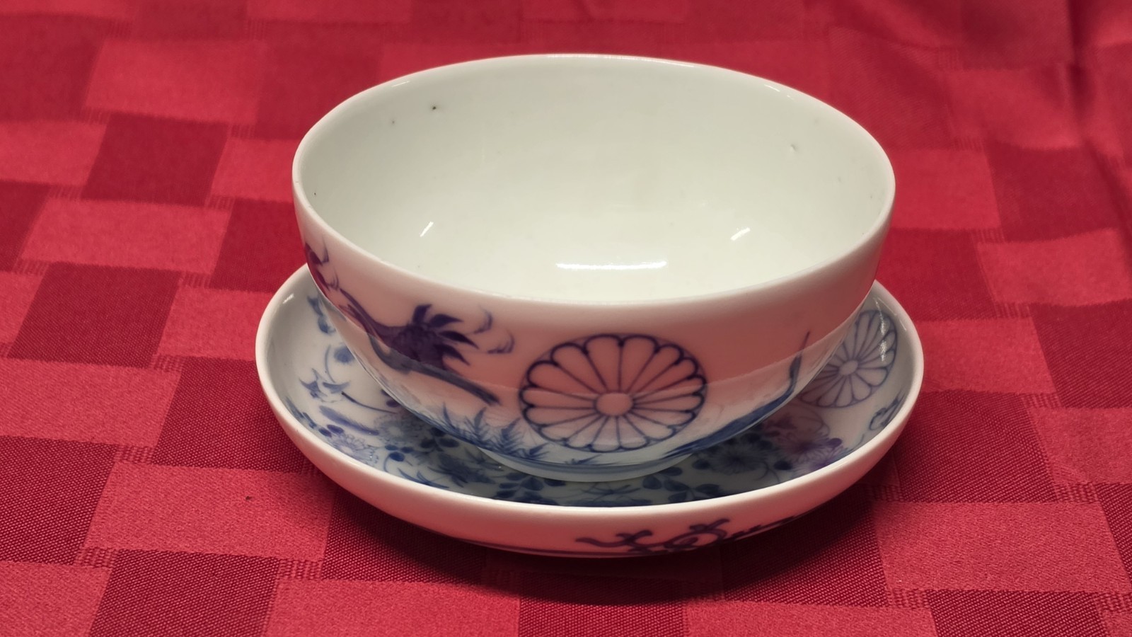 Antique Japanese Imperial Kiku Mon Crane Blue White Porcelain Bowl & Saucer