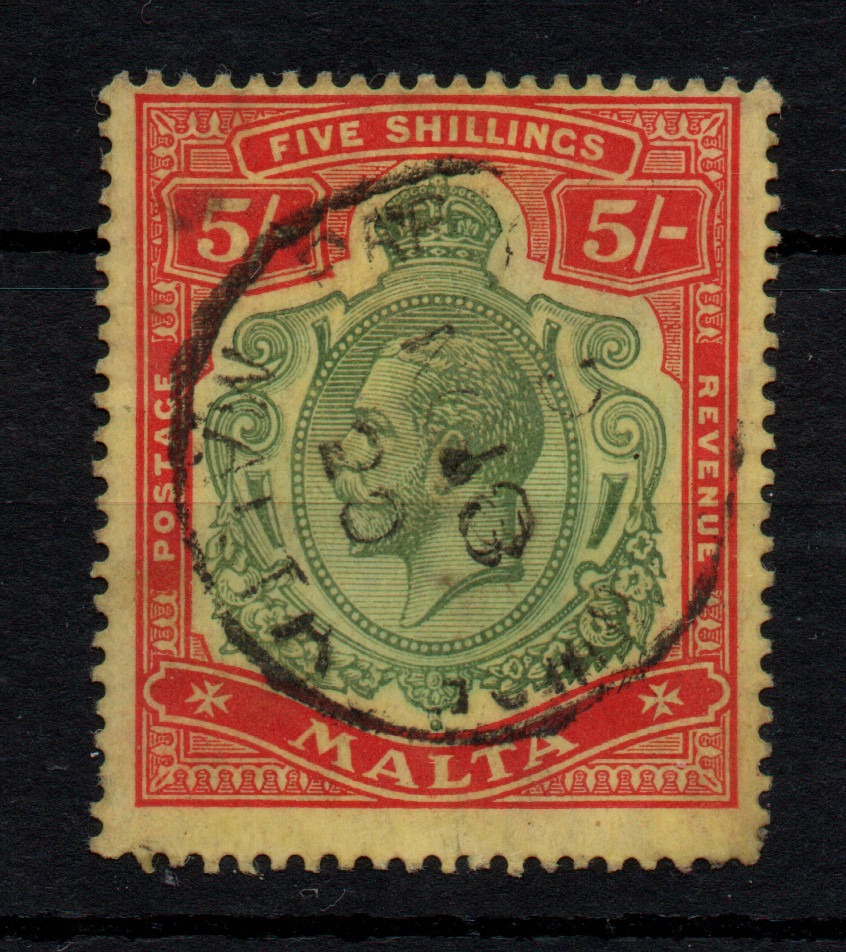 Malta KGV 1917 5/- green red yellow SG88 good CDS used WS45398
