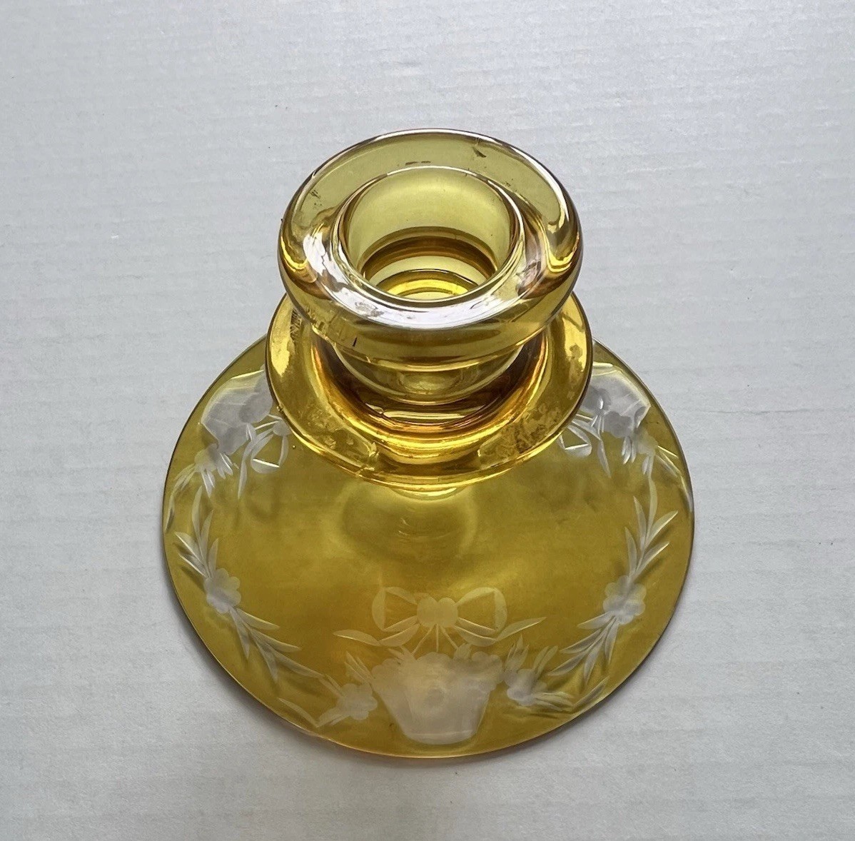 Antique Bohemian Amber Yellow Glass Etched Candlestick Holder