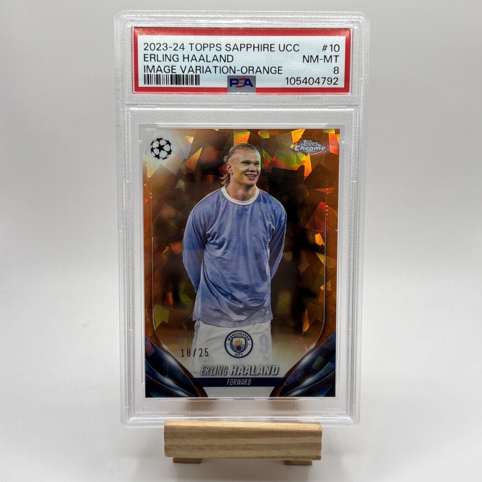 2023-24 Topps Chrome UCC Erling Haaland Orange Sapphire #10 PSA 8 Variation /25