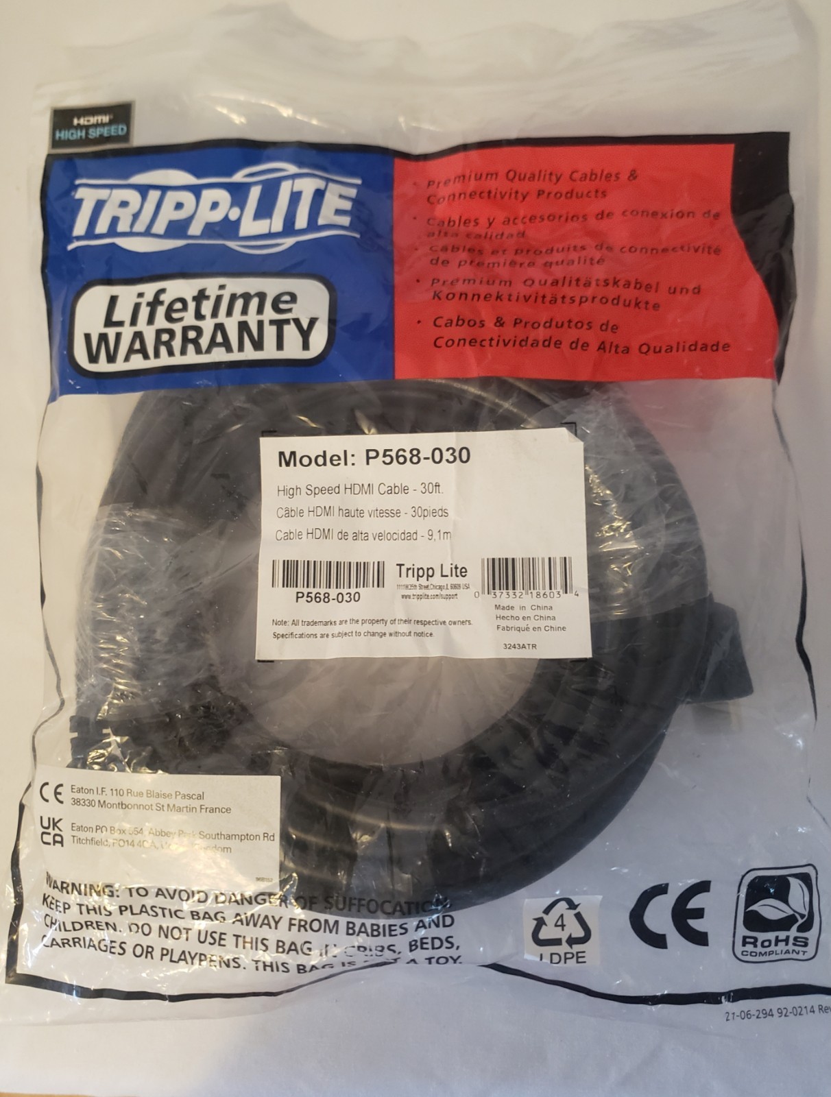 TRIPP LITE P568-030 30FT HIGH SPEED HDMI CABLE