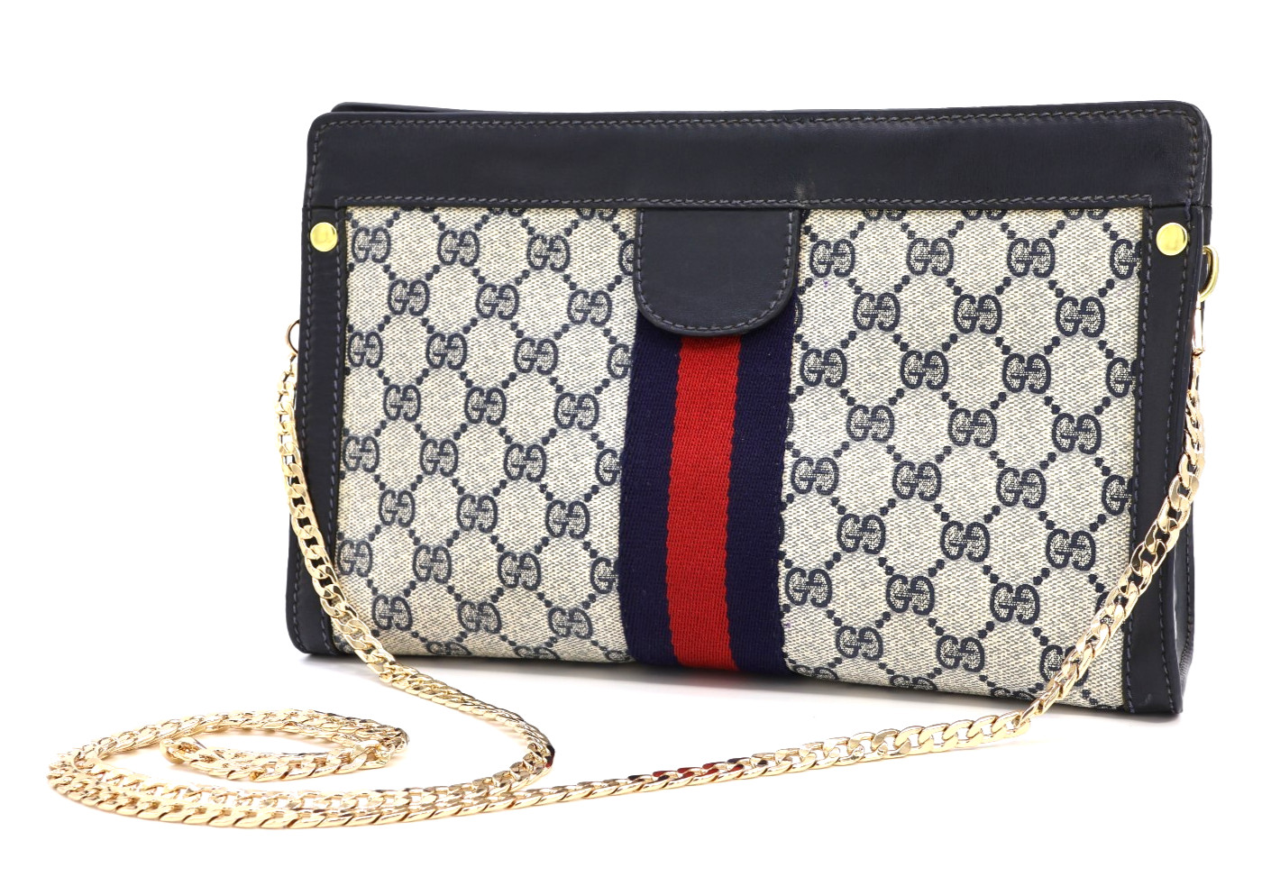GUCCI VINTAGE GG Supreme Shoulder Bag Purse Web Stripe Navy Classic Authentic