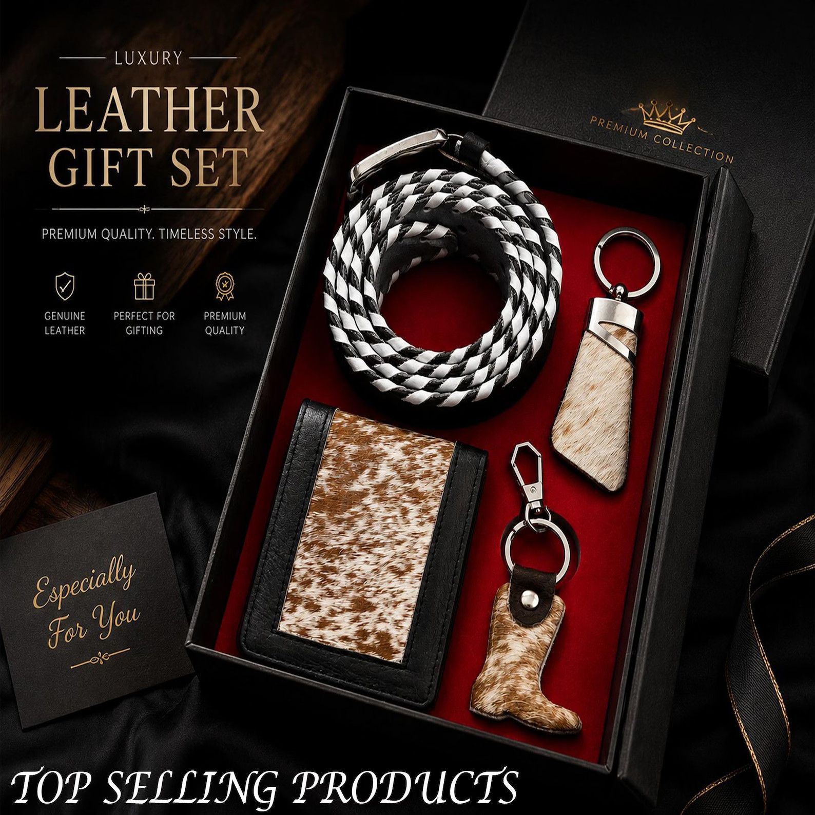 Genuine Hairy Cowhide Leather Gift Set, Handmade, Customized Personal Use Gift 