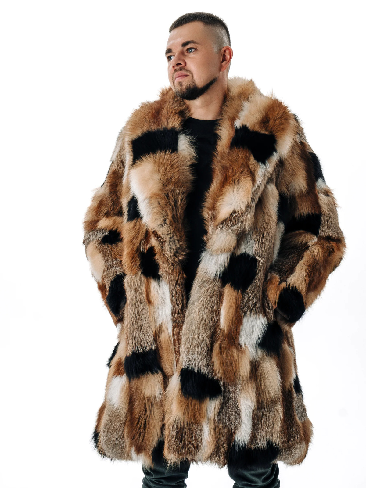 Men’s Real Fox Fur Coat Red Collar Genuine Fur Trench 35 in
