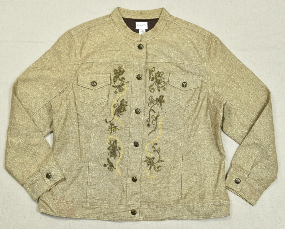 Chico\'s Women\'s Size 3 / US 16 Gold Metallic Embroidered Button Front Jacket
