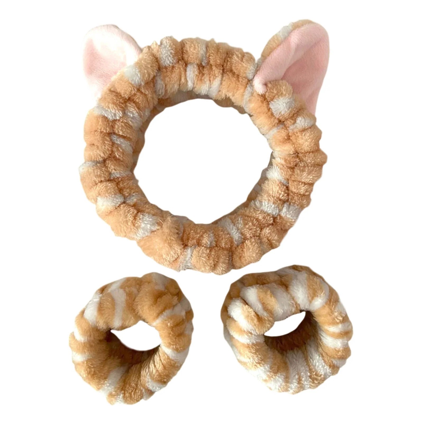 Plush Cat Ears Headband Wristbands Set Cute Makeup Face Wash Hairband