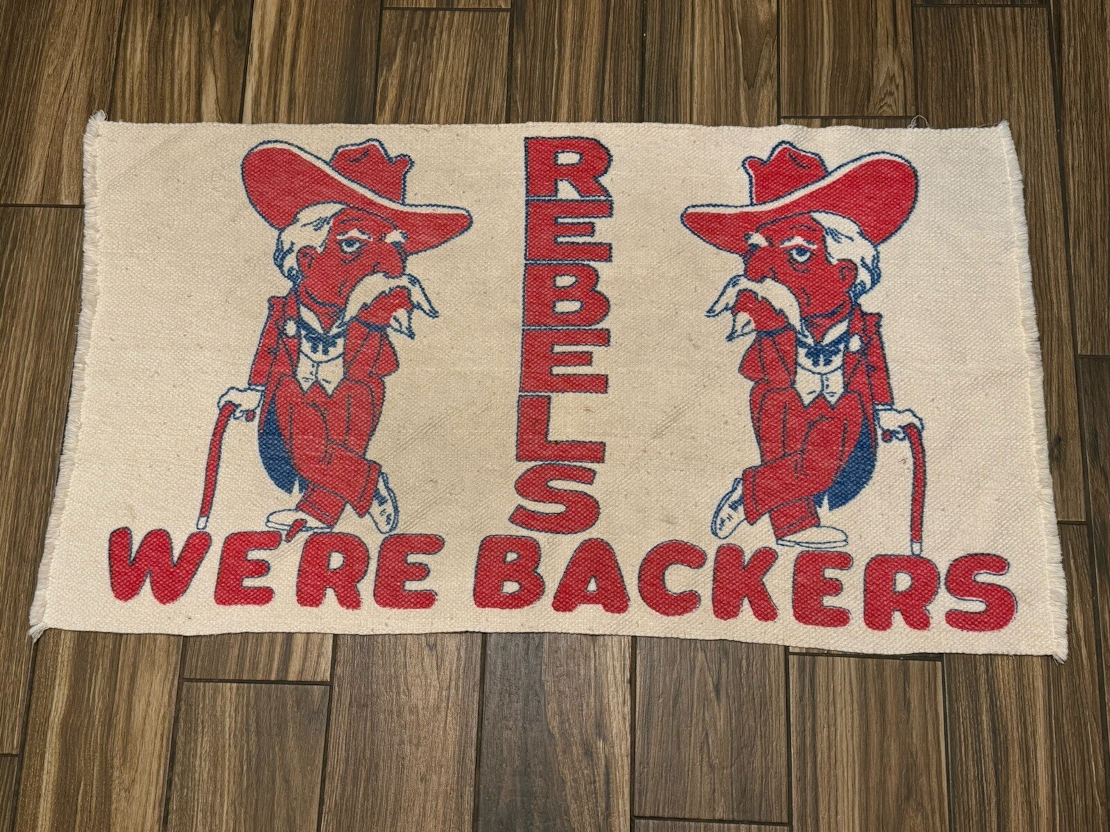 Rare Vintage OLE MISS Rebels COLONEL REB Rug / Wall Art WE\'RE BACKERS w/Col Reb