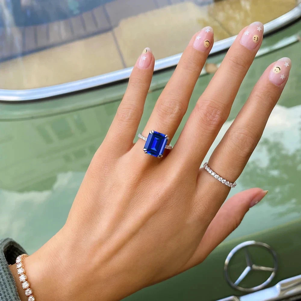 4.30 Ct Emerald Cut Natural Blue Sapphire Diamond Engagement Ring 950 Platinum