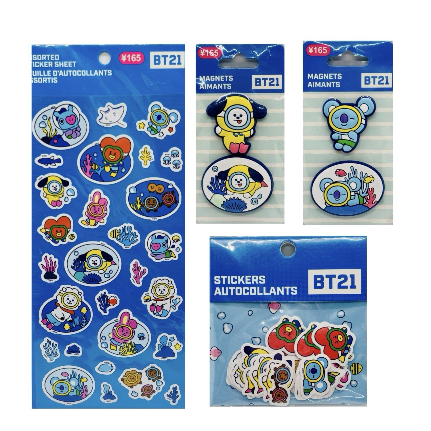 BT21 Lets Splash Sticker Sheet, Shaped Stickers, 3D Chimmy & Koya Magnets Set
