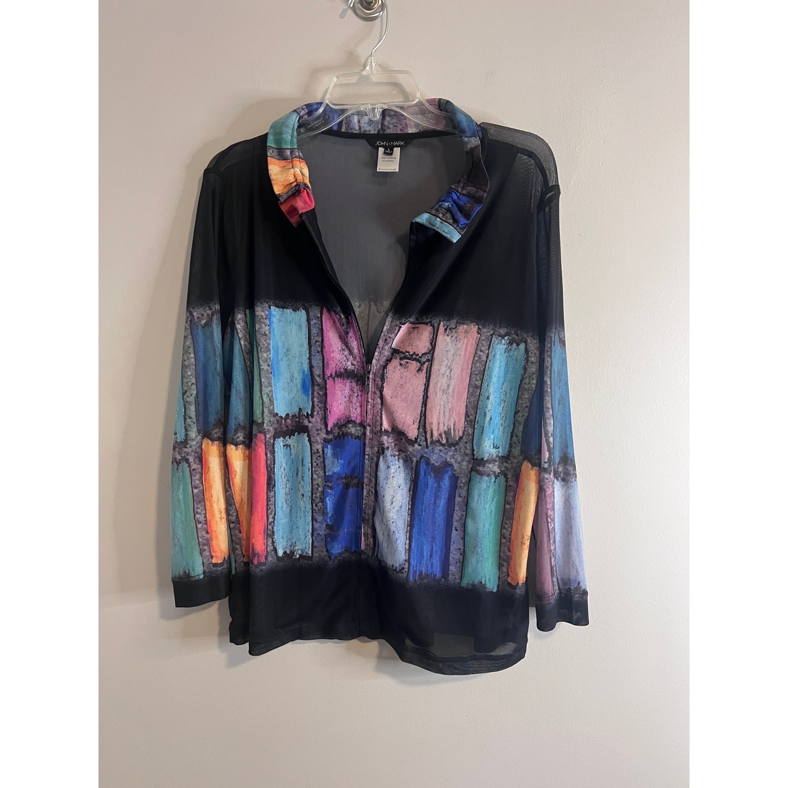 John Mark Womens Large Sheer Mesh Full Zip Jacket Abstract Multicolor Print John Mark Womens Large Sheer Mesh Full Zip Jacket Abstract Multicolor Print
