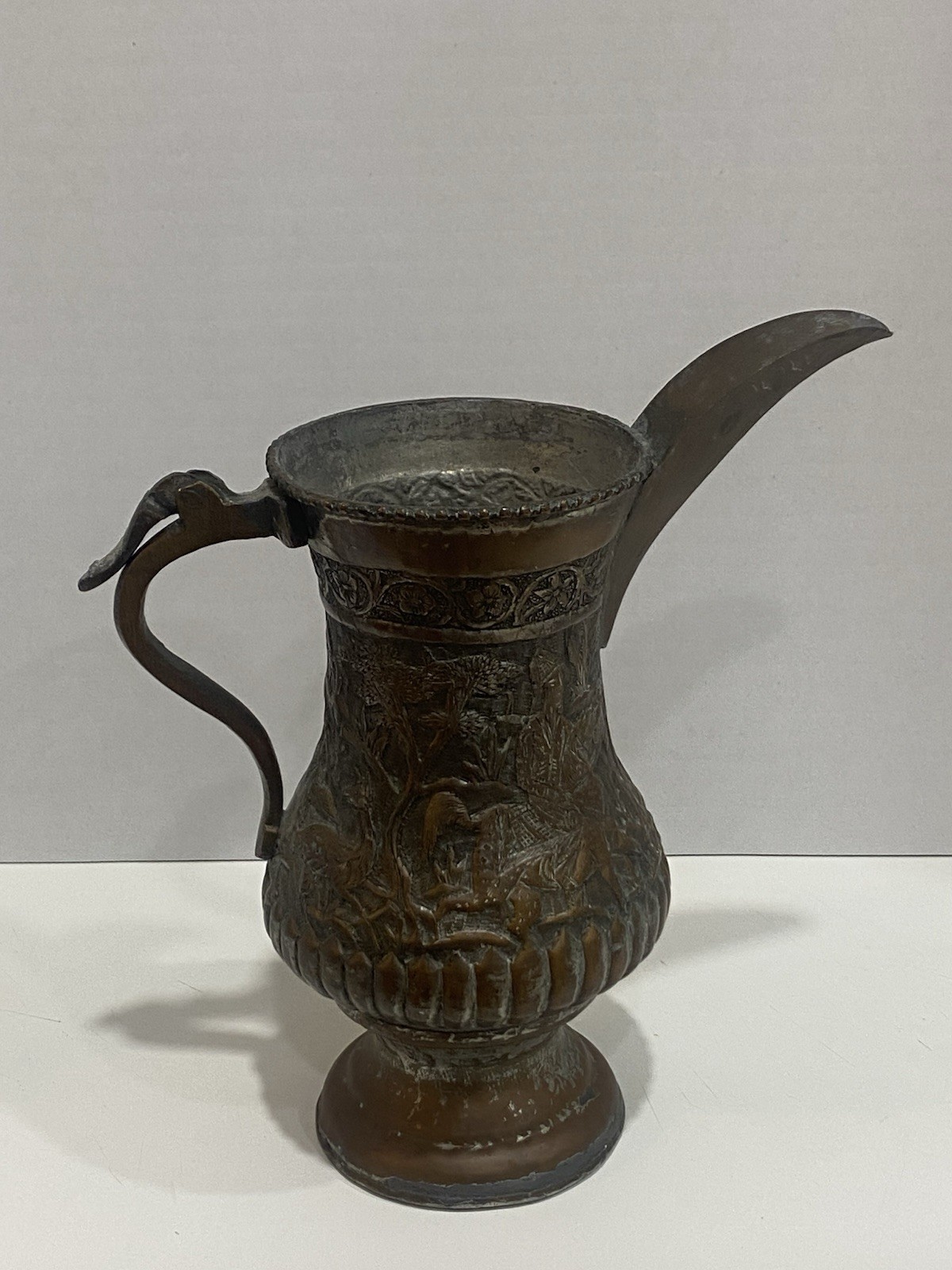 Antique 19thC Persian Qajar Tinned Copper Ewer Pitcher Engraved Folk Scene 8”