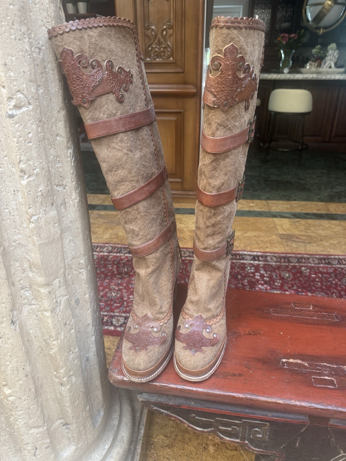 Vintage Anna Sui Gorgeous Brown Canvas/ Leather Platform Heeled Boots Vintage Anna Sui Gorgeous Brown Canvas/ Leather Platform Heeled Boots