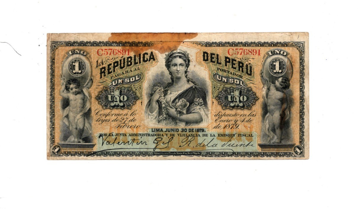 Peru - Old 1 Sol Note - 1879 - P1 - Circ. w/stain Peru - Old 1 Sol Note - 1879 - P1 - Circ. w/stain