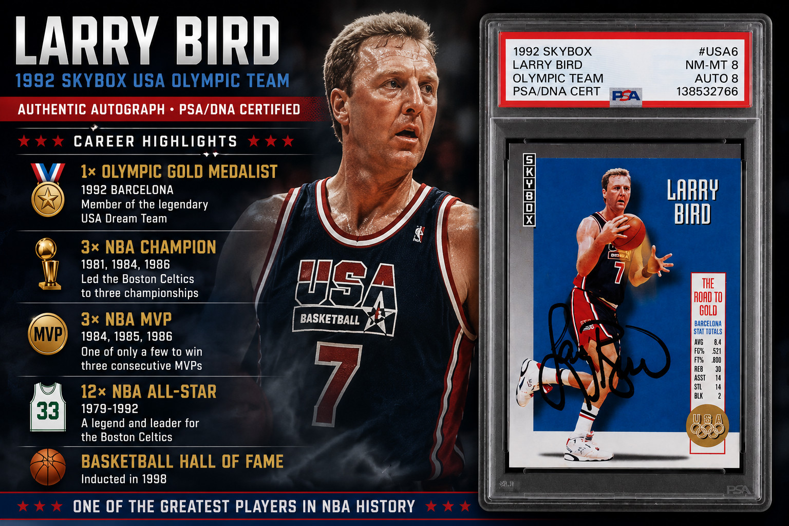 Larry Bird Signed 1992 Skybox Olympic Team Card USA#6 (PSA 8, POP 2, 5 Higher) Larry Bird Signed 1992 Skybox Olympic Team Card USA#6 (PSA 8, POP 2, 5 Higher)