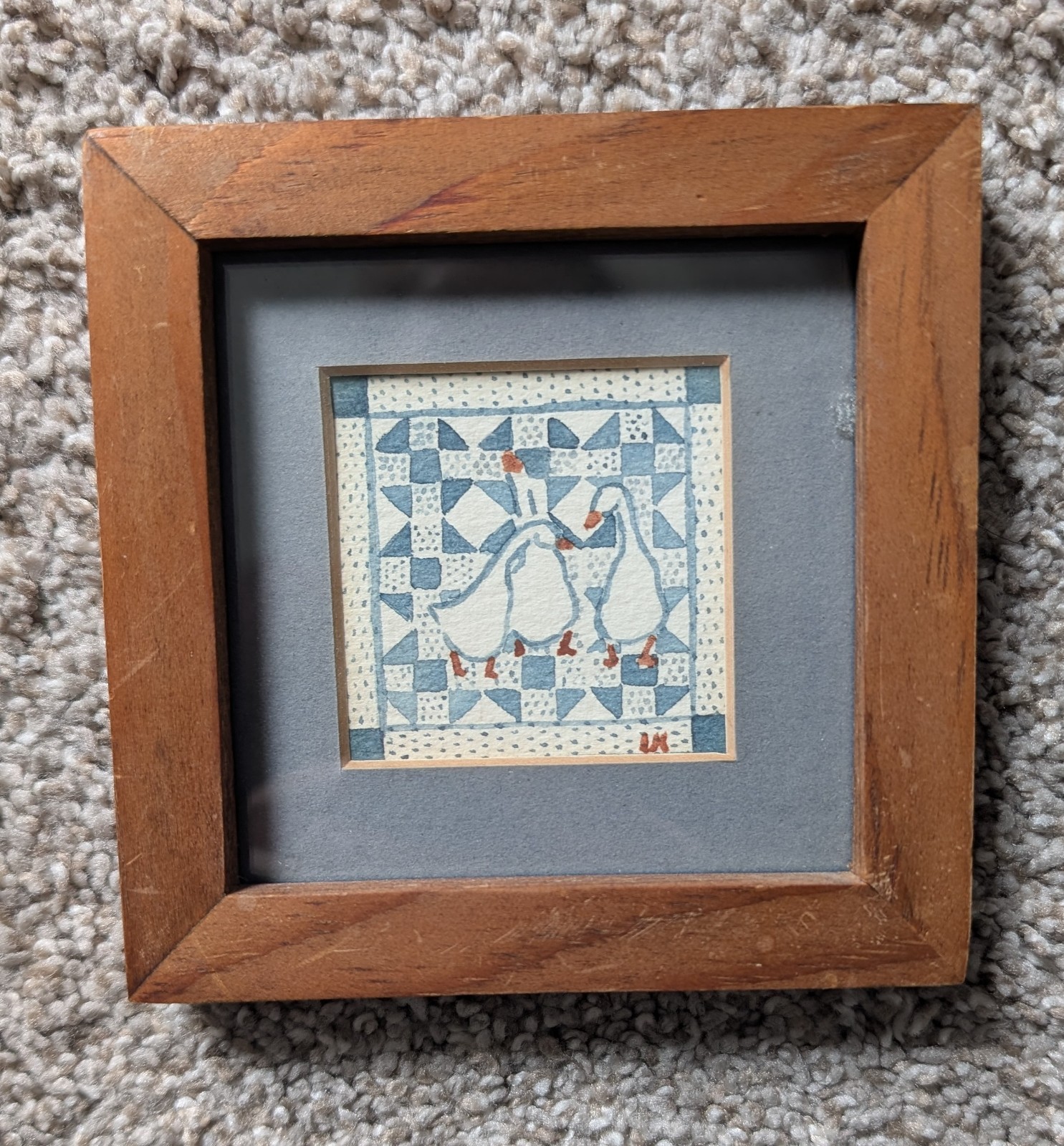Mini framed goose artwork quilt block country geese blue white cottage signed