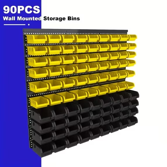 Wall-Mounted Storage Rack System with Bins and Brackets - 90 Pcs Heavy Duty Gara Wall-Mounted Storage Rack System with Bins and Brackets - 90 Pcs Heavy Duty Gara