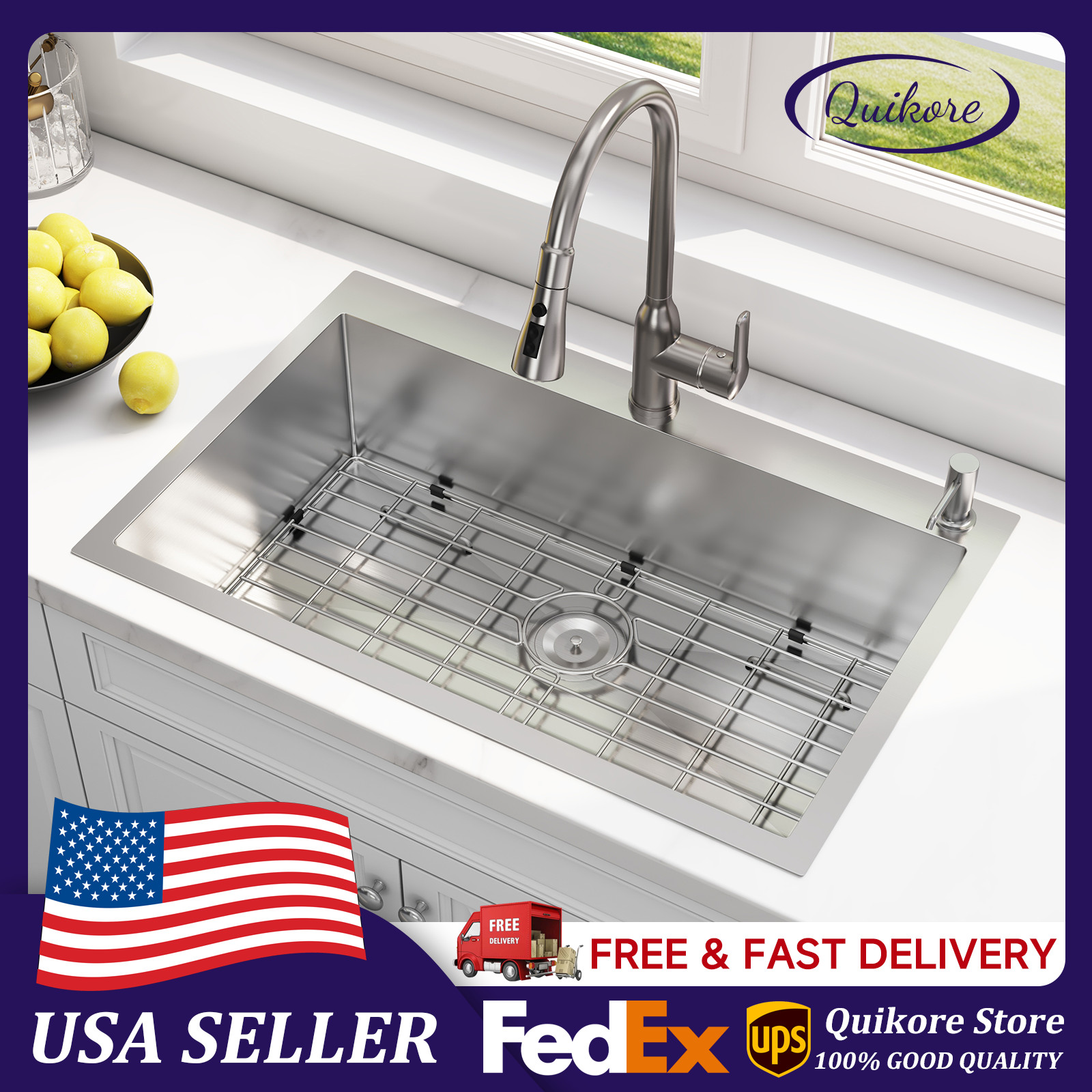 Quikore 33x22 Drop In Topmount Kitchen Sink 16 Gauge Stainless Steel with Grid
