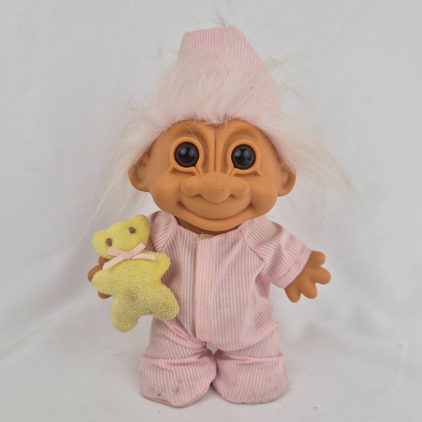 Vintage Russ Bedtime Troll Doll - Pink Pajamas Night Cap w/Teddy - 8\'\'