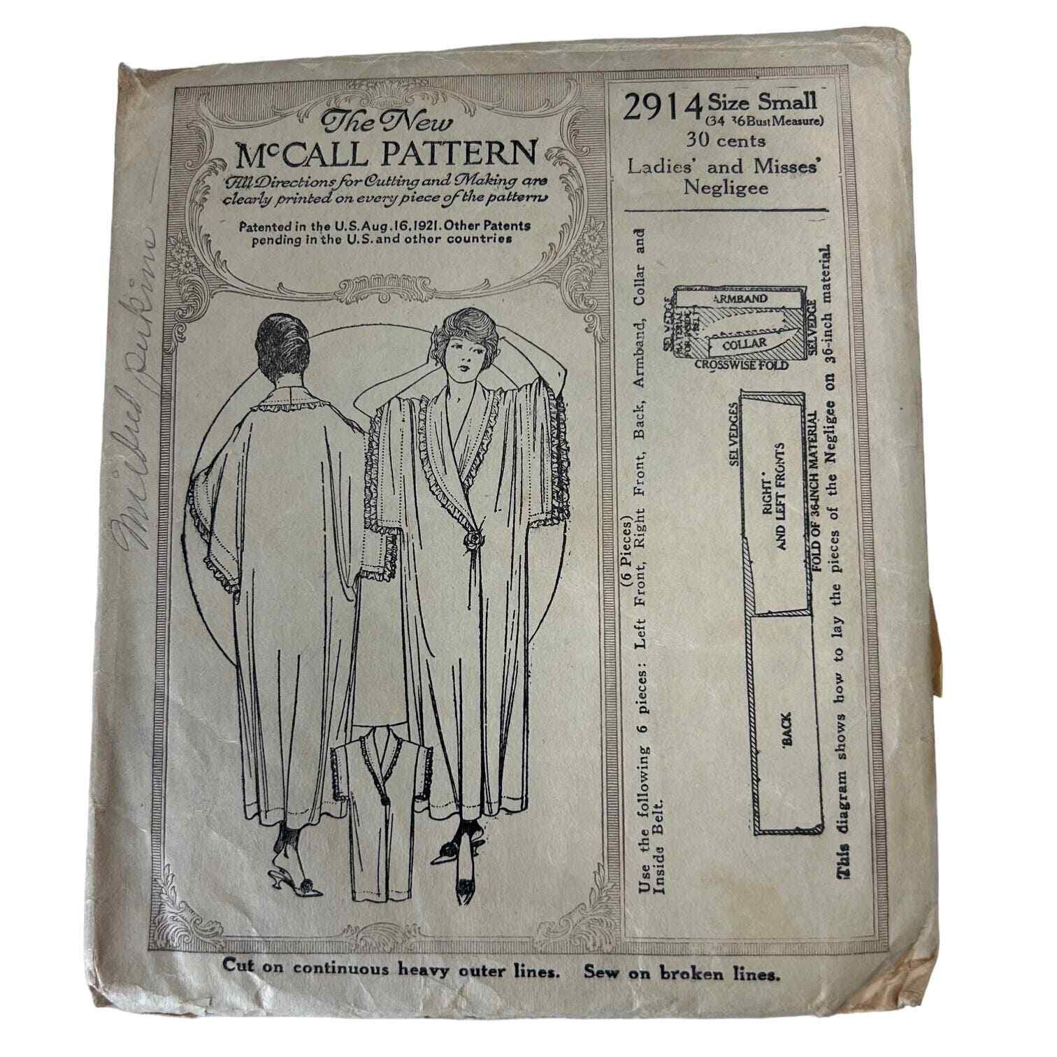 McCall Antique Earaly 1900's Pattern #2914 Ladies/Misses Negligee Size S