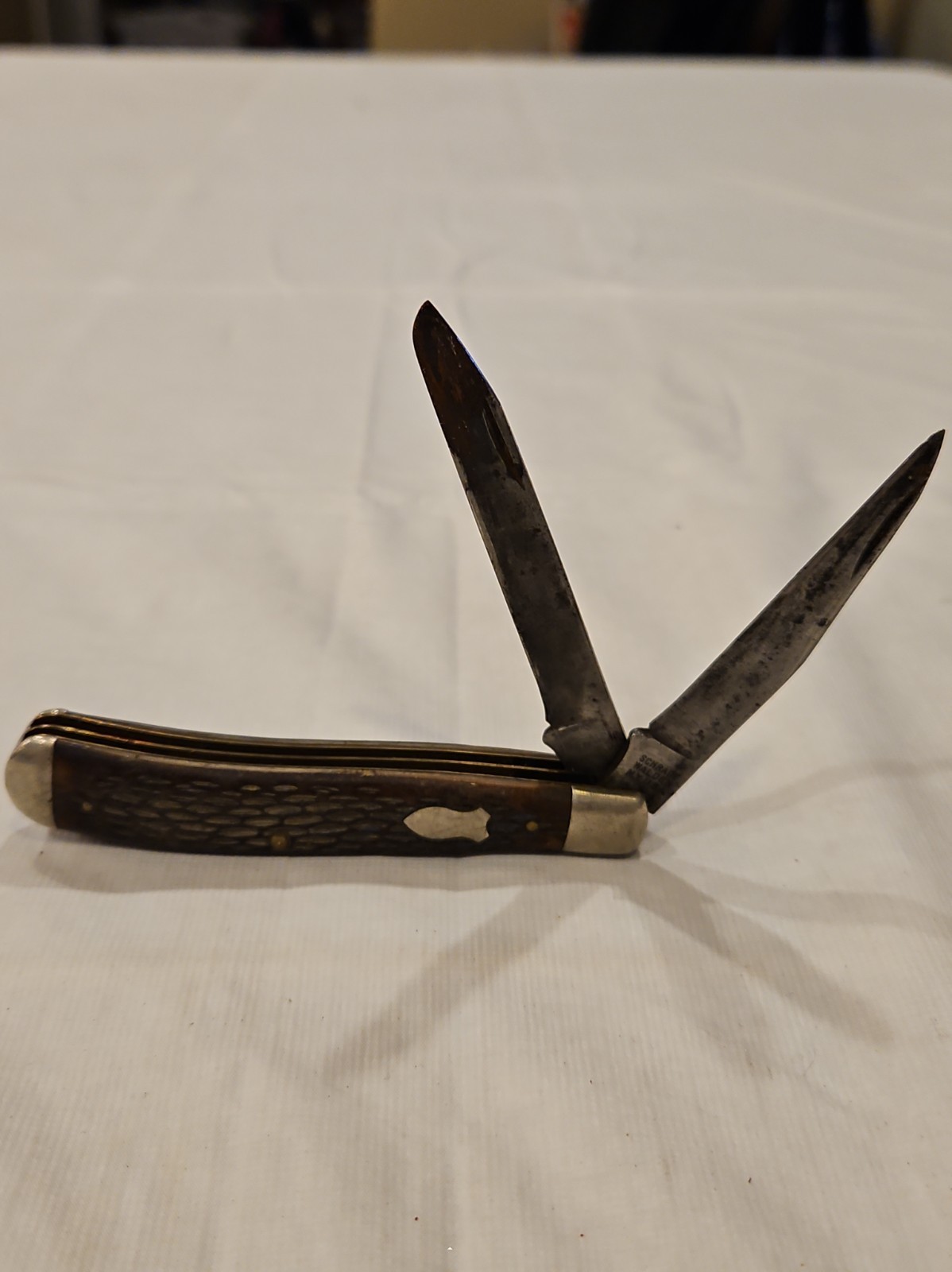 293 Schrade Walden NY Trapper Pocket Knife Bone Handle 2 Blade Vintage