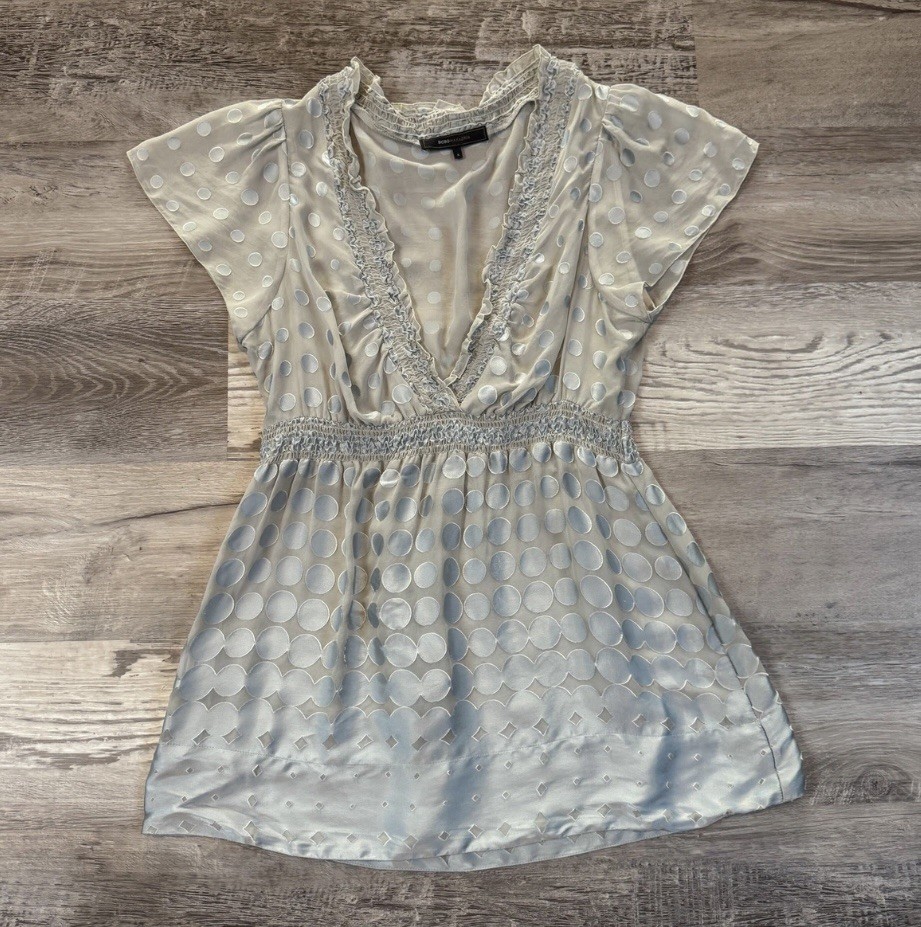 BCBGMAXAZRIA Y2K Silk Polka Dot Babydoll Top Powder Blue Blouse Small Fairy 2000