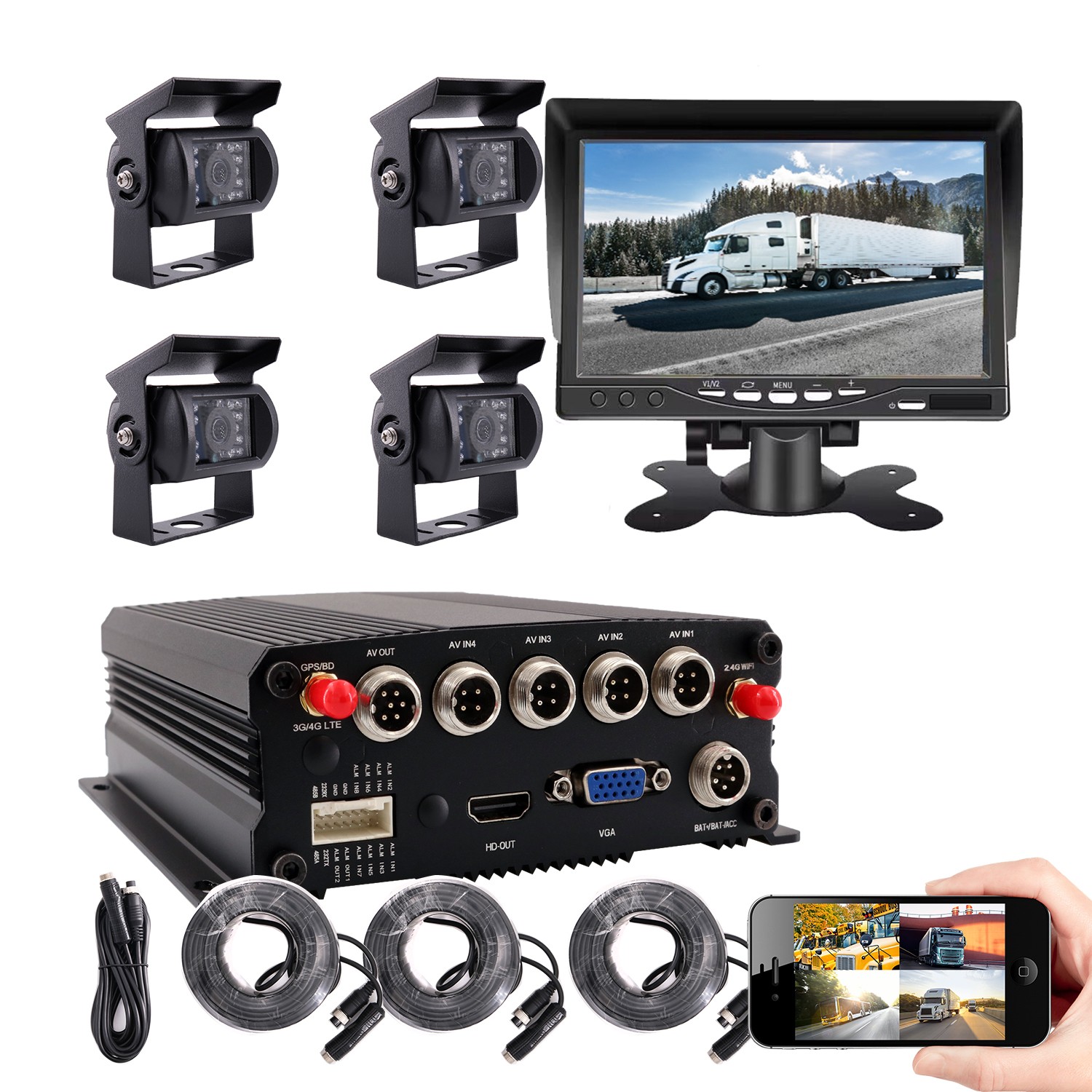 1080P 4CH GPS WIFI Truck DVR MDVR IR Remote View Camera Video Record 7\