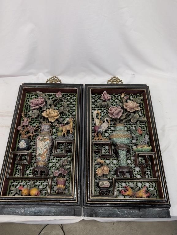 Vintage Chinese Hundred Antiques Precious Treasures Carved Wall Panels Pair