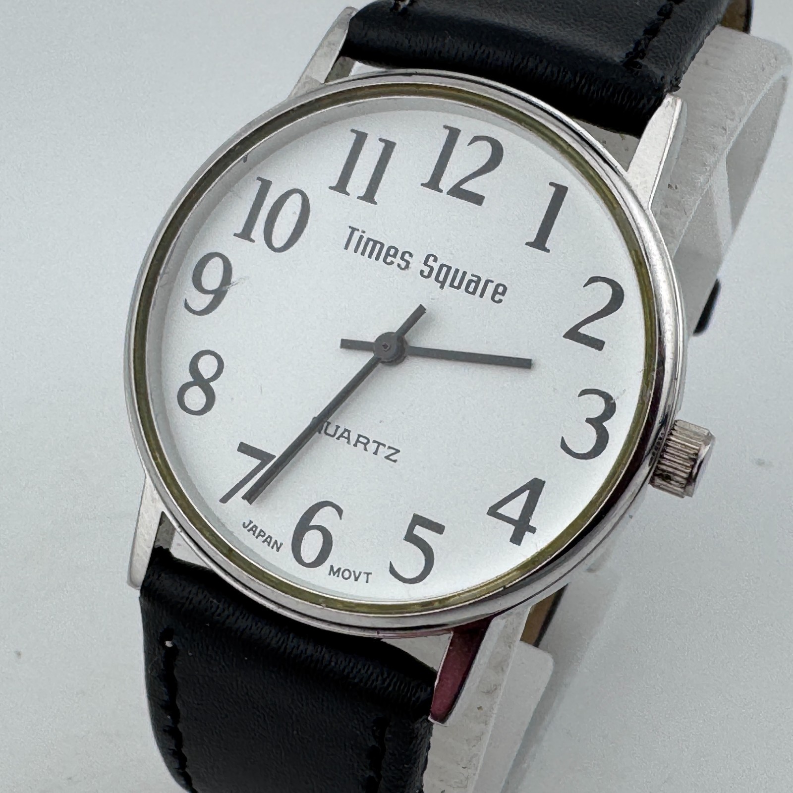Vintage Time Square Quartz Watch Men Silver White Easy Read Leather New Battery