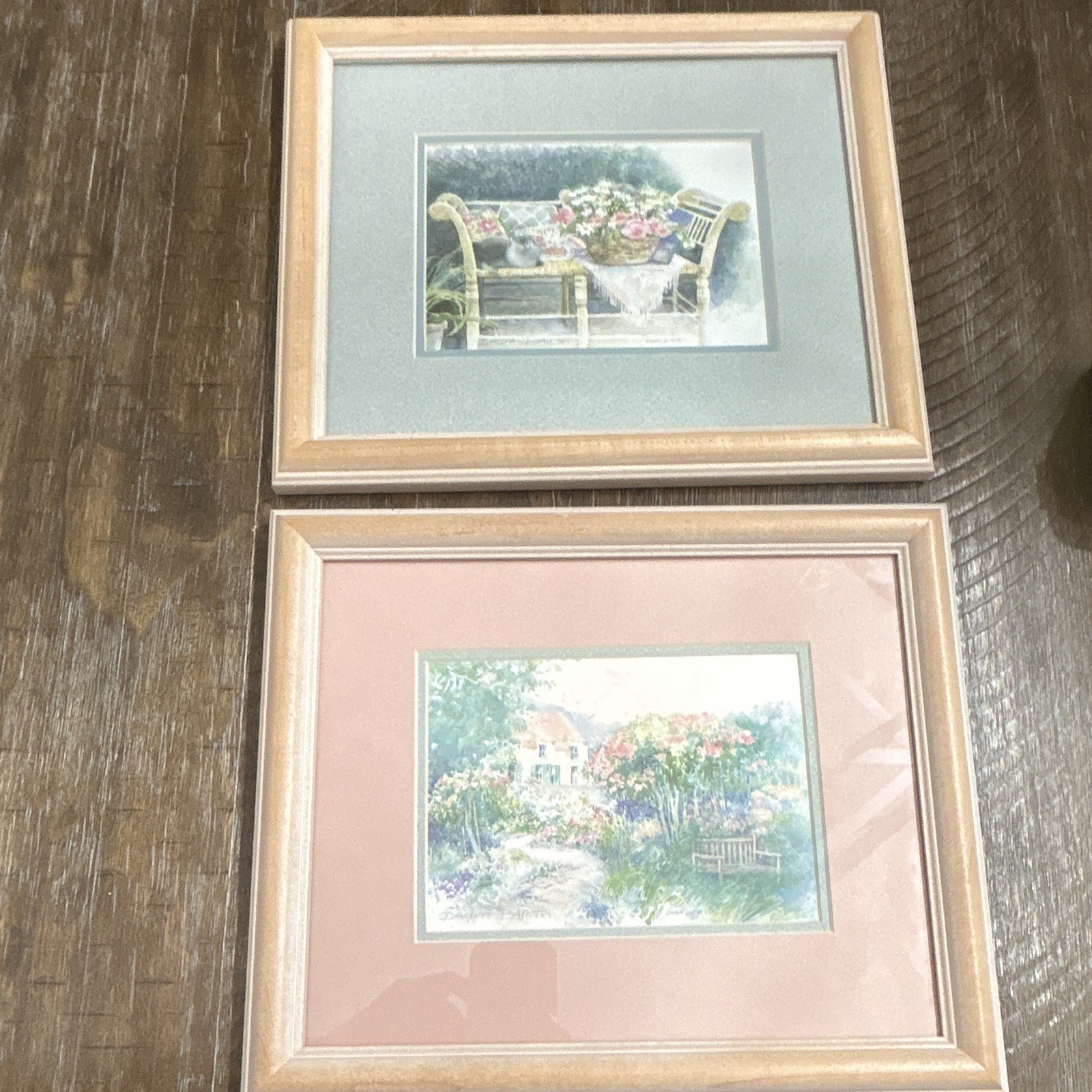 Dawna Barton Framed Prints Set of 2 1995 Cat Garden Cottage Floral Wall Art