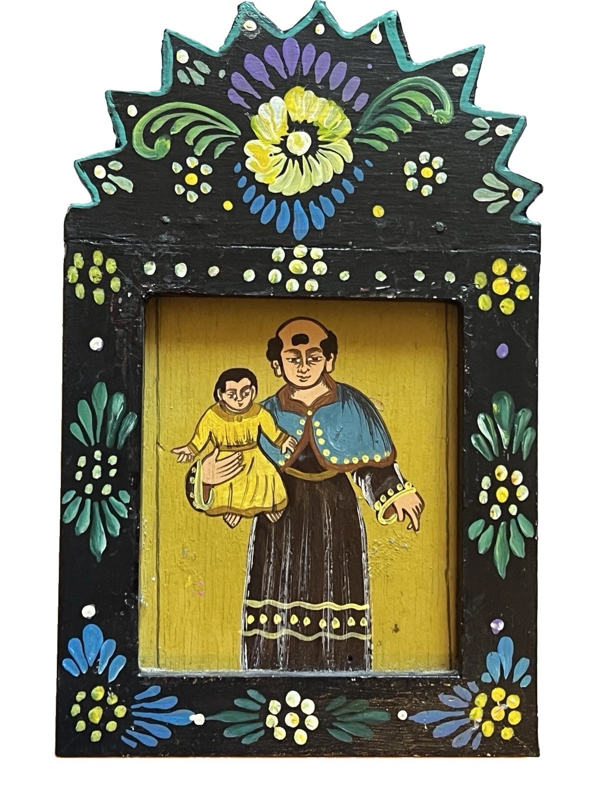 VTG Mexican Folk Art Wooden Shrine Retablo Saint Anthony Jesus Child Painting VTG Mexican Folk Art Wooden Shrine Retablo Saint Anthony Jesus Child Painting