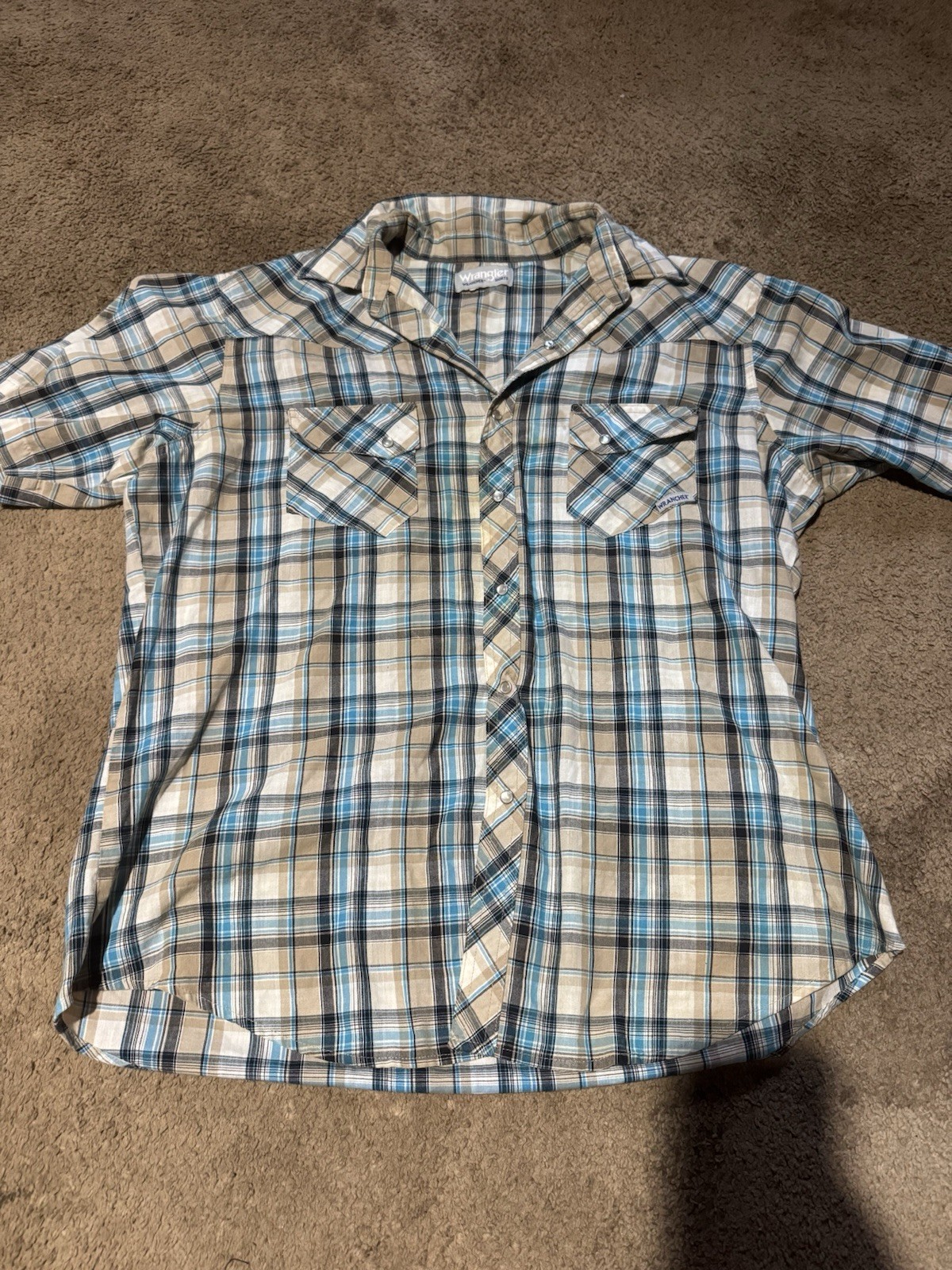Wrangler Wrancher Men\'s Regular Fit Plaid Button-Up Shirt Blue Beige White L