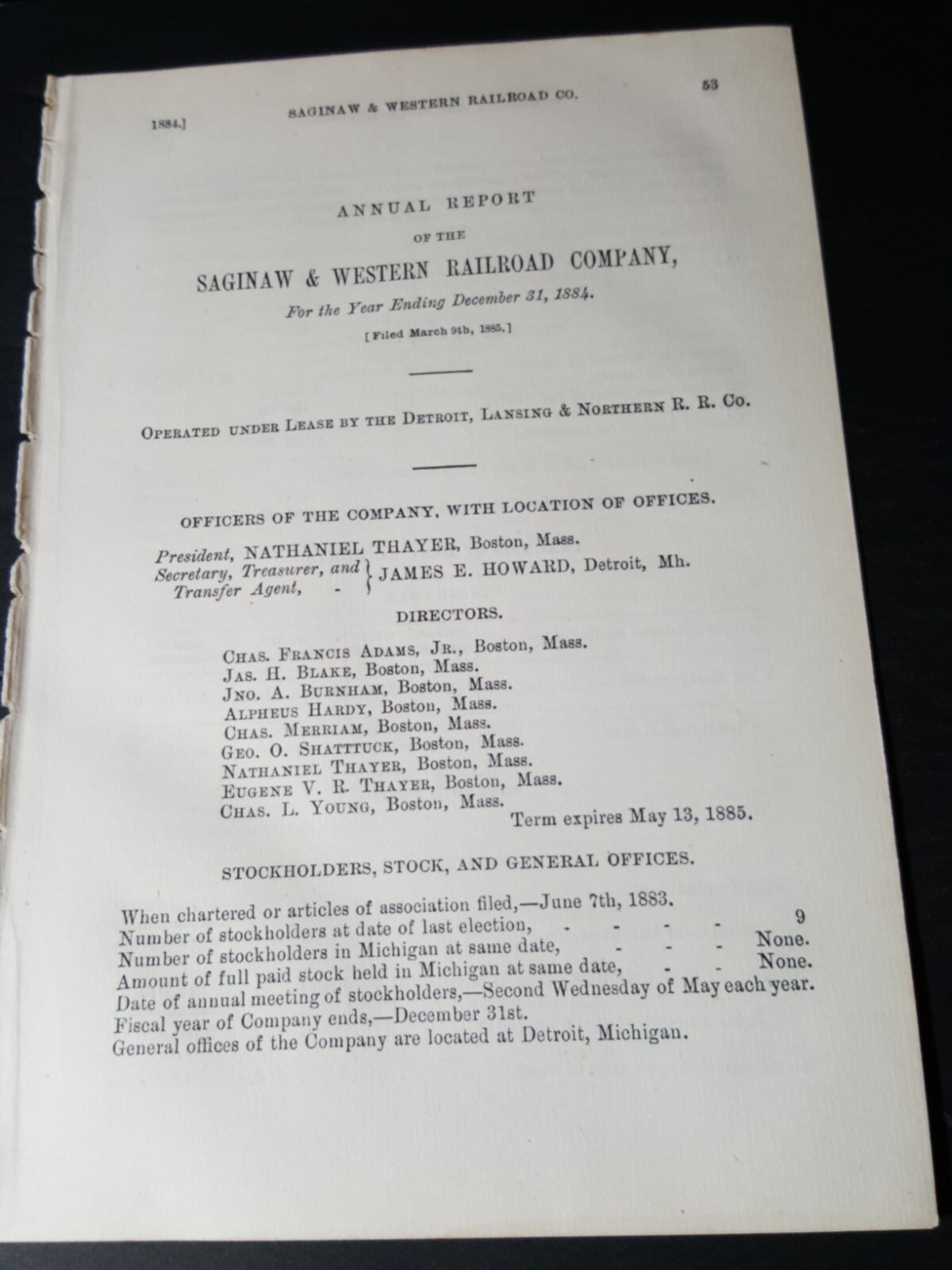 1884 train report SAGINAW & WESTERN RAILROAD  Michigan Detroit Lansing Northern