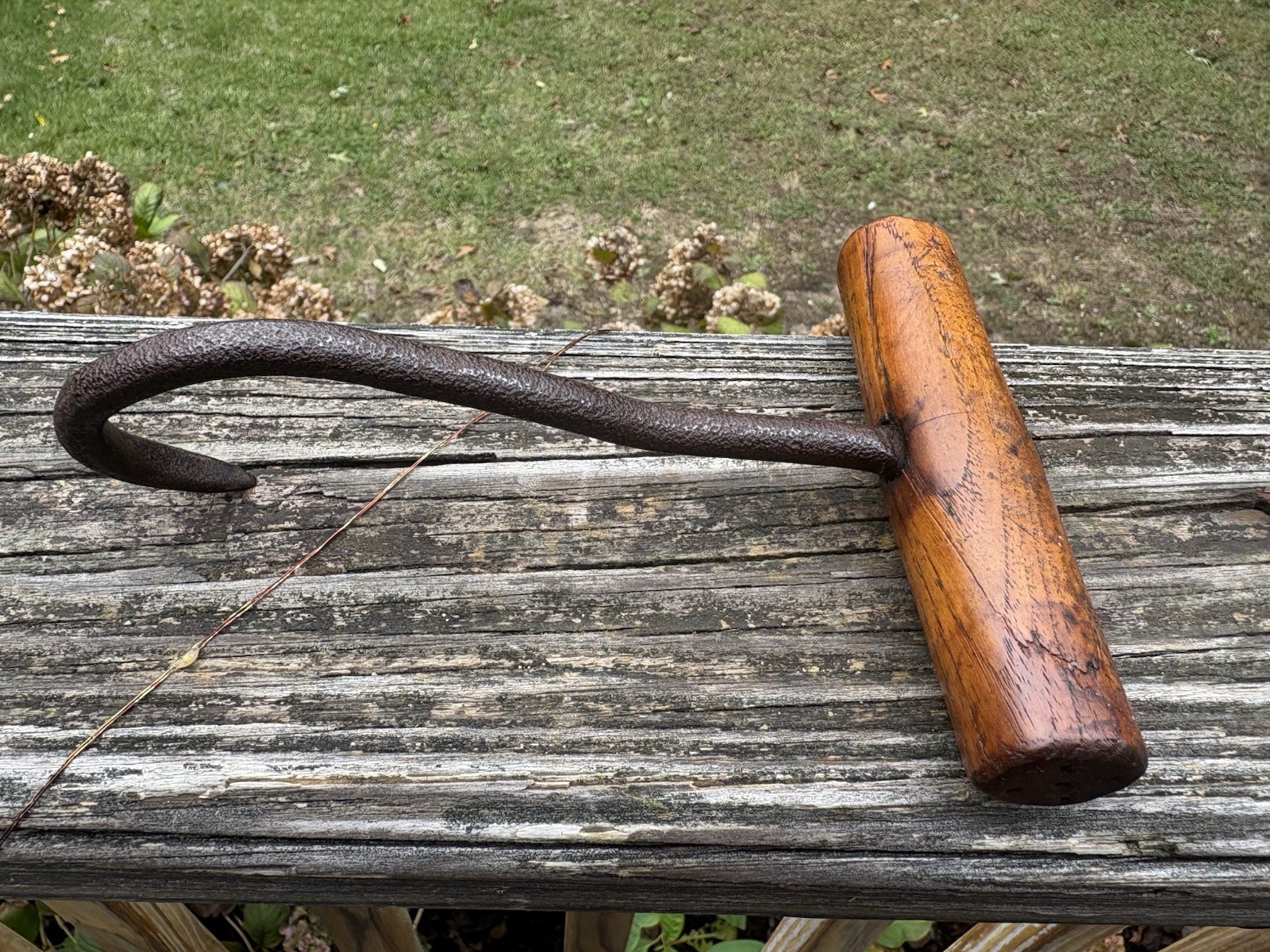 Antique Primitive Hand-Forged Iron Barn Baling Hay Hook With Wooden T-Handle