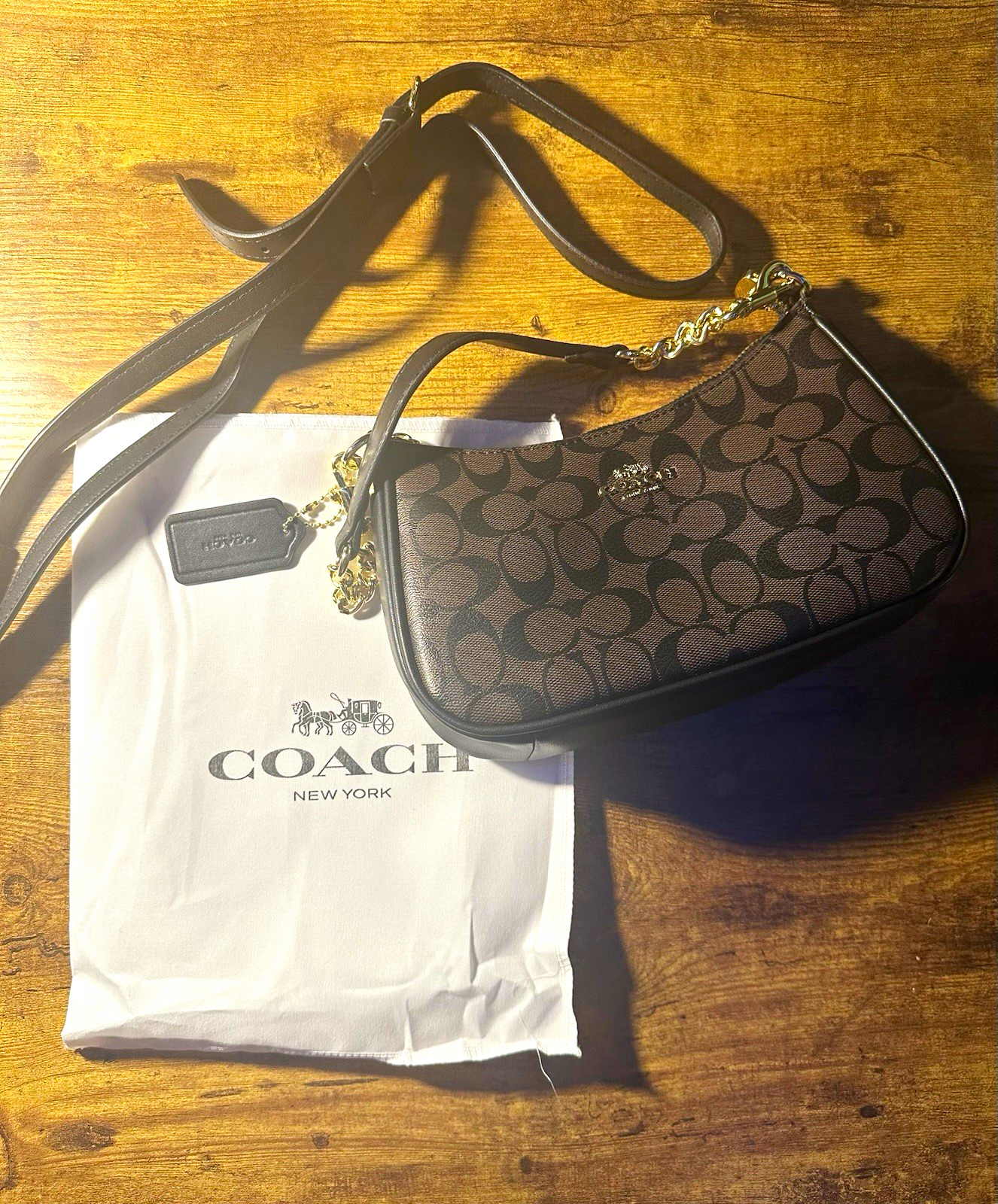 Coach Teri Shoulder Bag Brown/Black Gold Chain Strap Zip, Pockets
