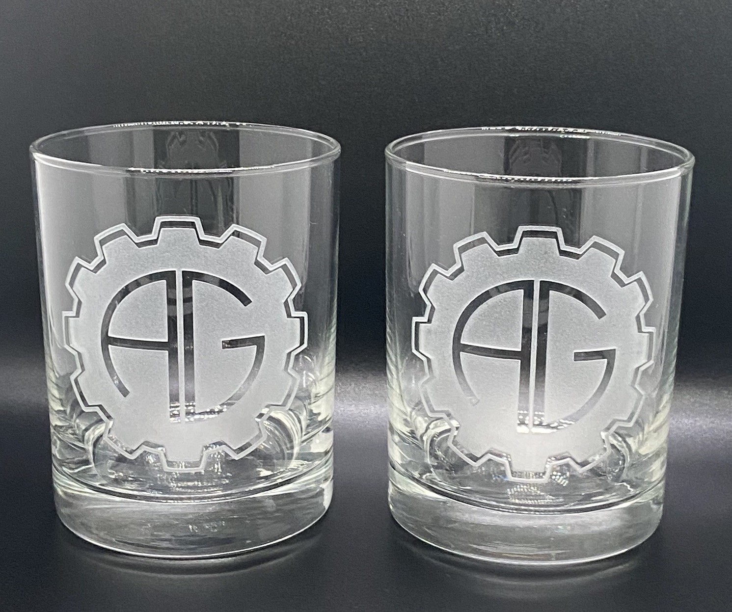 Custom Made Pair of 10 oz AG monogram with Gear Etched Old Fashion/Rocks Glasses Custom Made Pair of 10 oz AG monogram with Gear Etched Old Fashion/Rocks Glasses