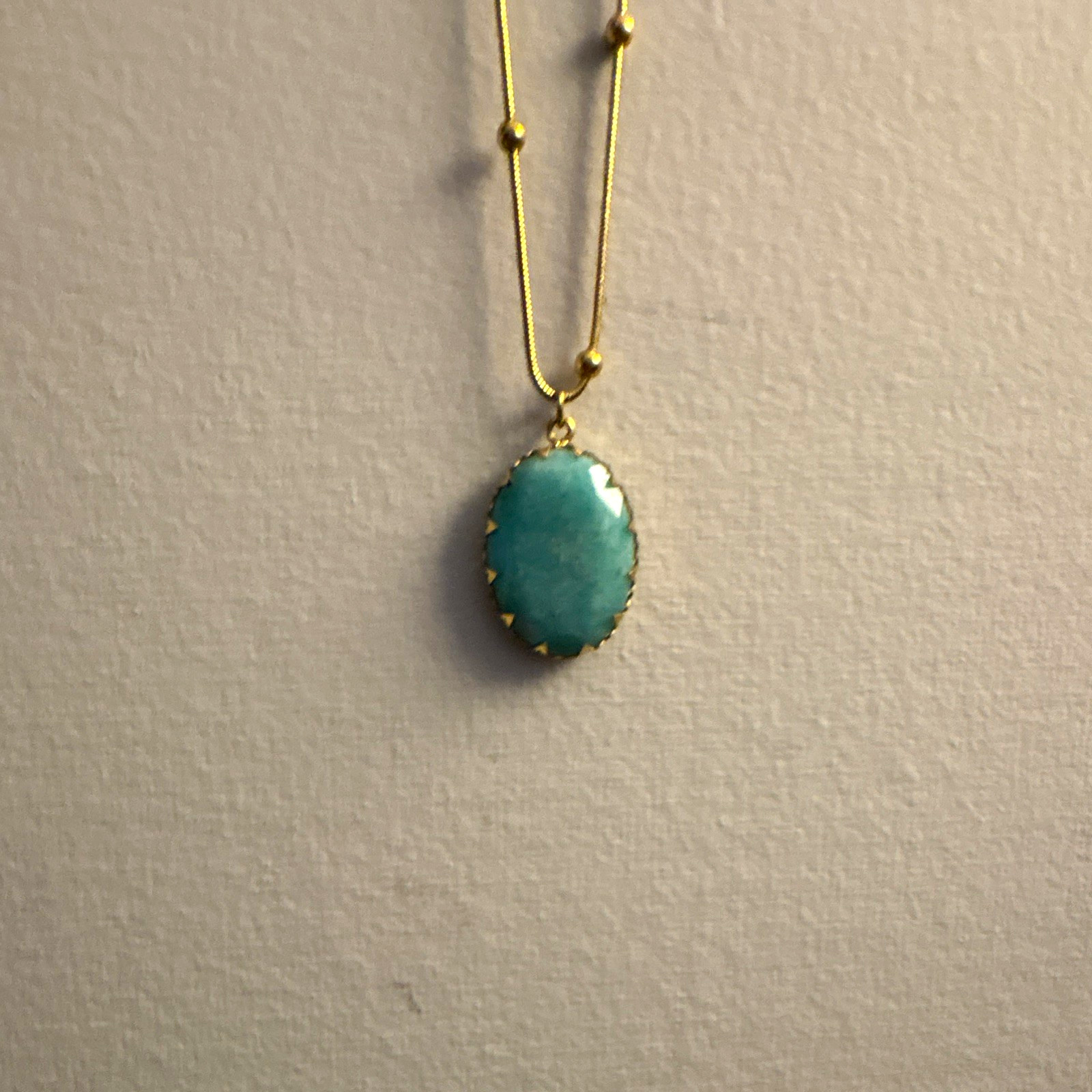 Gold Tone Ball/Bead Chain Necklace Oval Blue Stone Bezel Pendant Charm