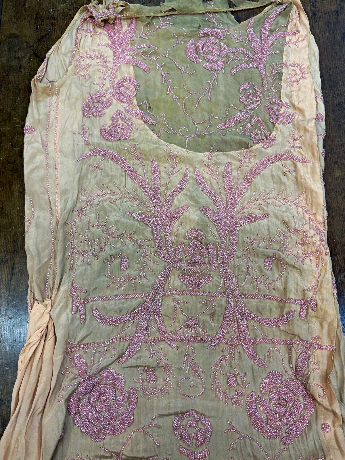 Antique 1920s Beaded Flapper Dress Pink Glass Seed Bead Fragment Study Repurpose