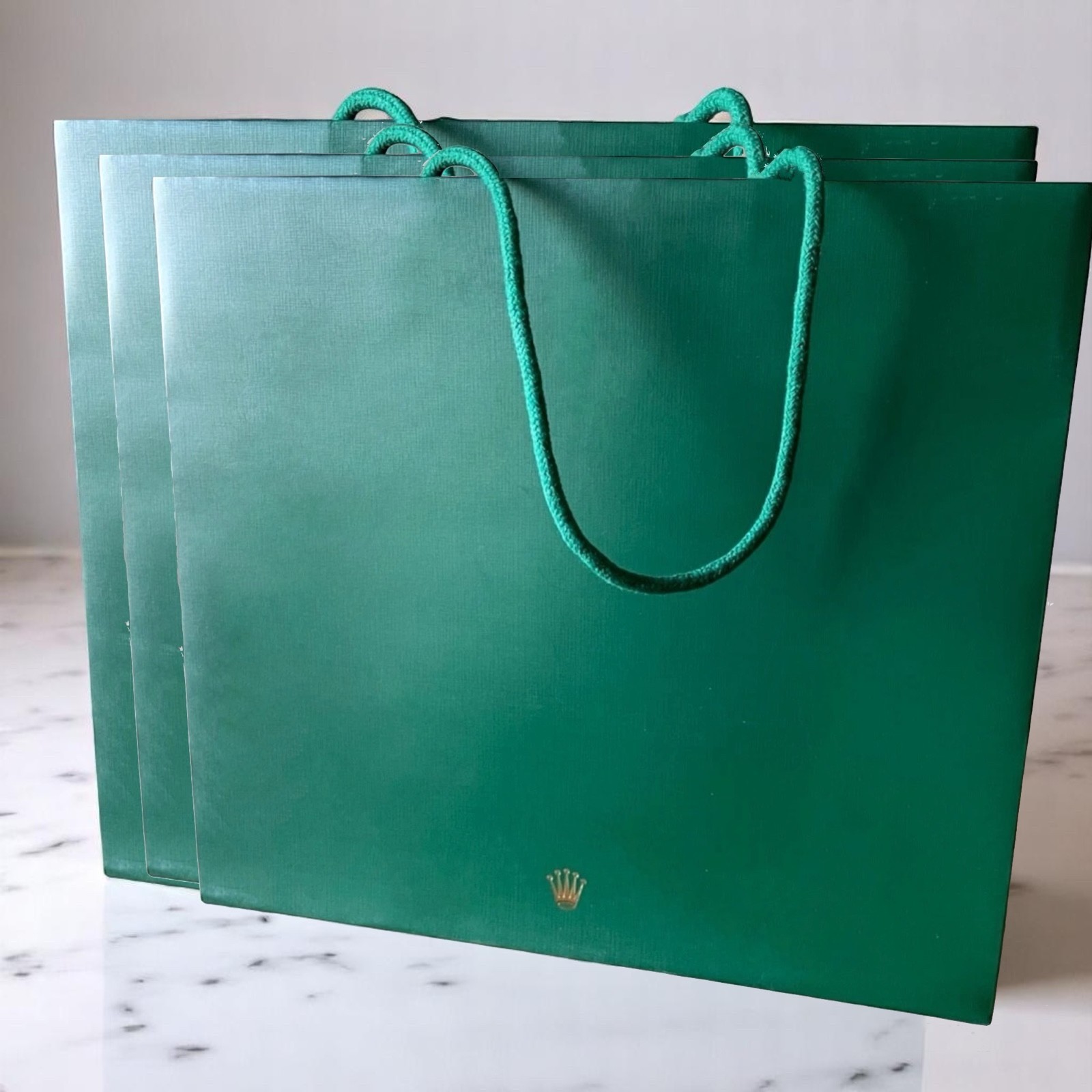 Rolex Shopping Bags Lot of 3 Green Gift Bags 11.5” x 12” x 4.5”
