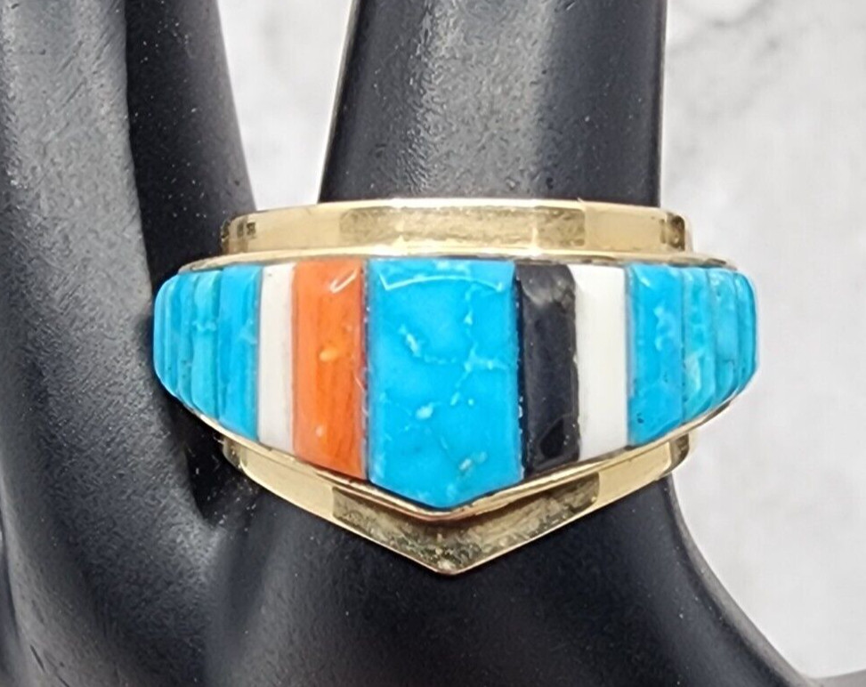 Stunning Jim Bedah Navajo 14k Yellow Gold Turquoise Cobblestone Ring Size 9