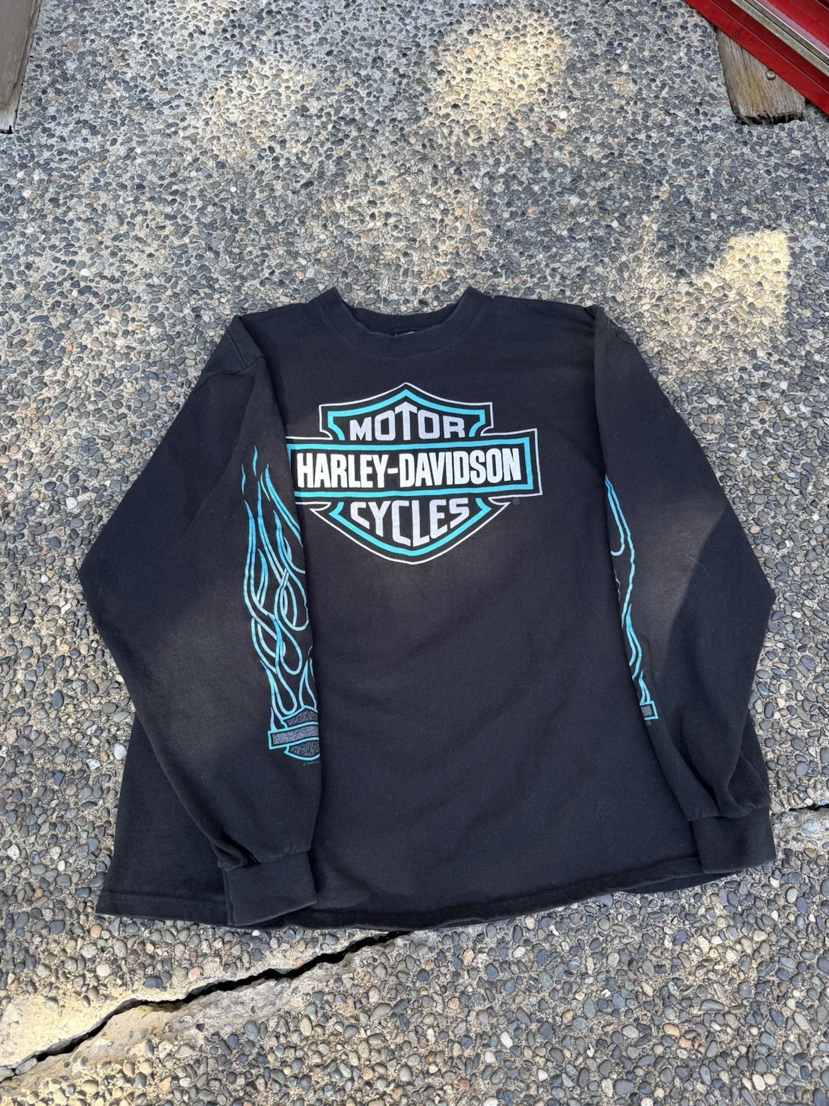 Vintage 1996 Harley Davidson Flame Sleeve Crewneck Bumpus Memphis TN Blue XL