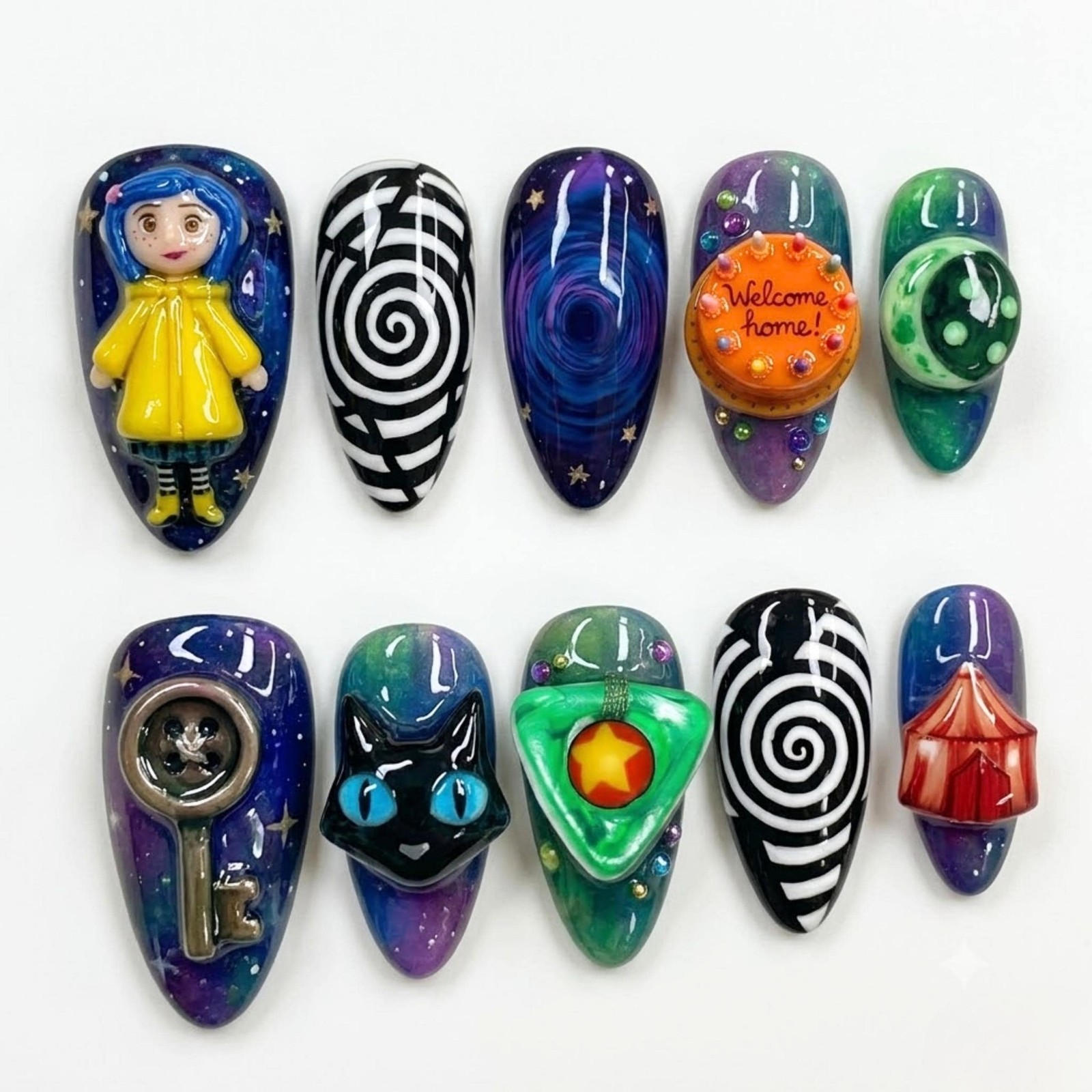 Custom Handmade Coraline 3D Doll Black Cat Key Spiral Galaxy Cake Press on Nails