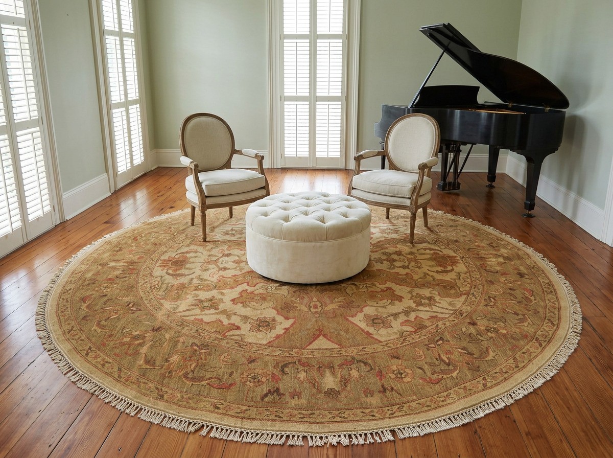 8x8 Round Hand Knotted Wool Tan, Sage Traditional Soumak Flatweave Rug
