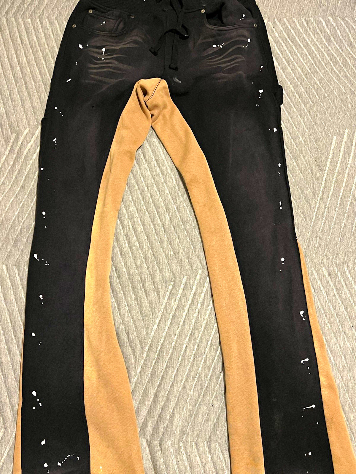 Ninth Hall Men\'s S Regular Black/Beige Stacked Flare Sweatpants Drawstring Ninth Hall Men\'s S Regular Black/Beige Stacked Flare Sweatpants Drawstring
